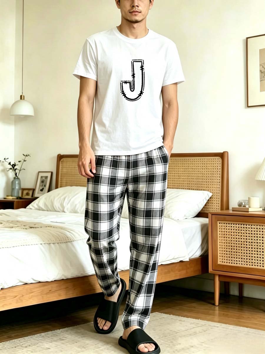 Men Printed T-Shirt and Checked Pyjama Set