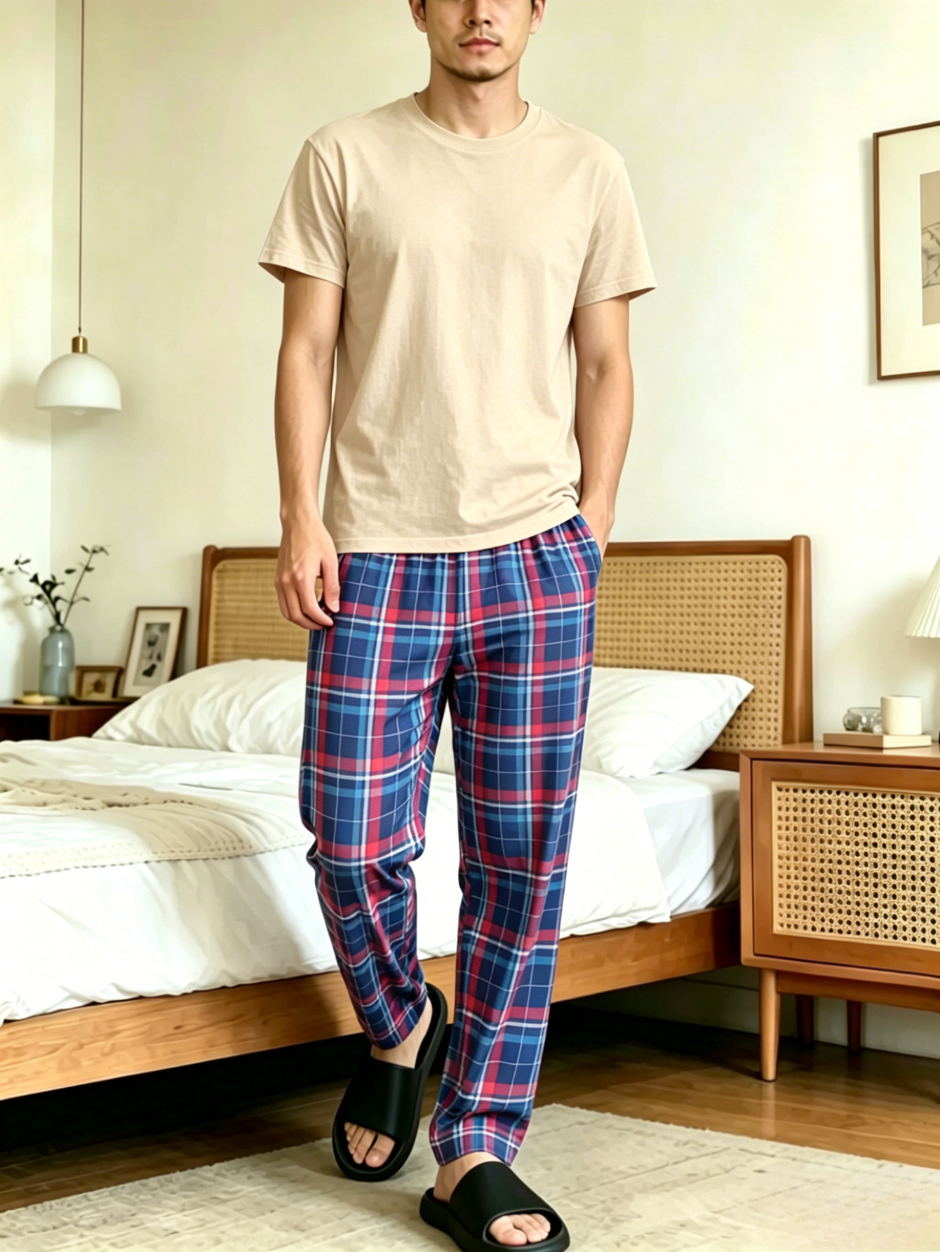 Men Solid T-Shirt and Checked Pyjama Set