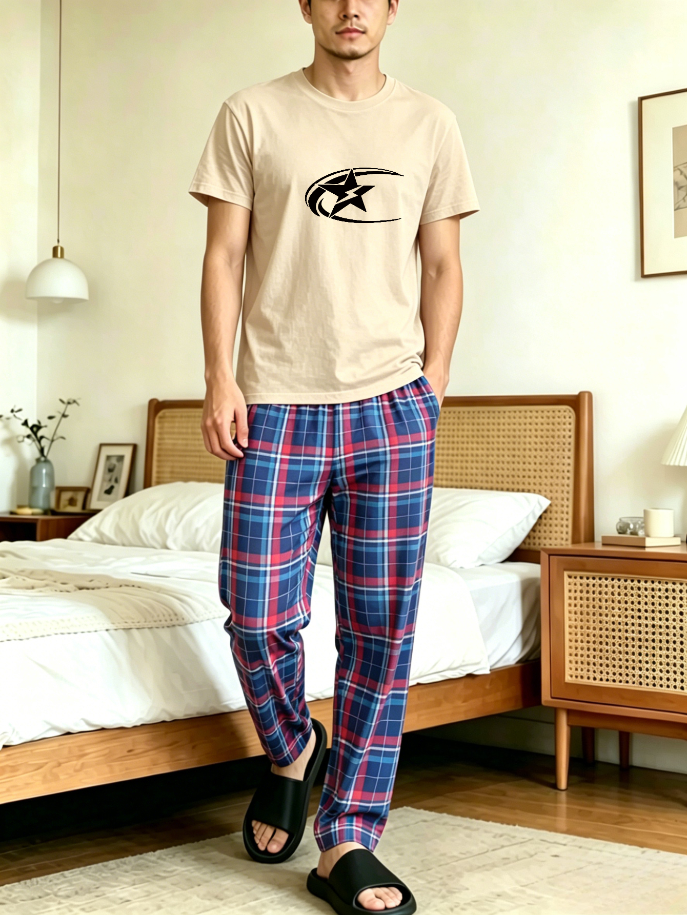 Men Printed T-Shirt and Checked Pyjama Set