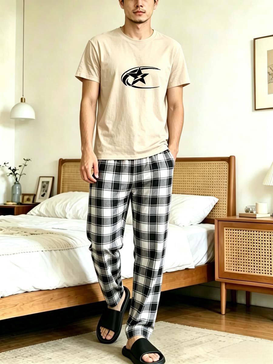 Men Printed T-Shirt and Checked Pyjama Set
