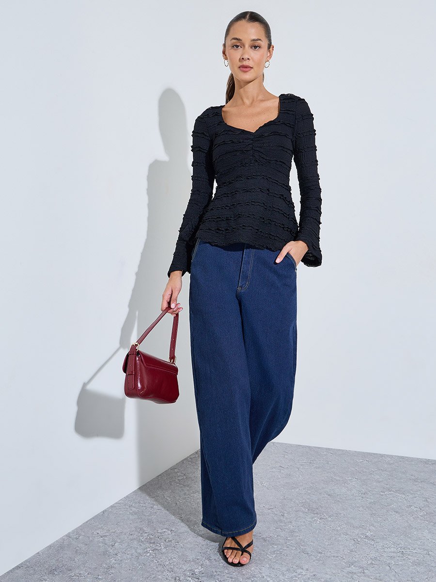 Black Textured Sweetheart Neck Long Sleeve Peplum Top