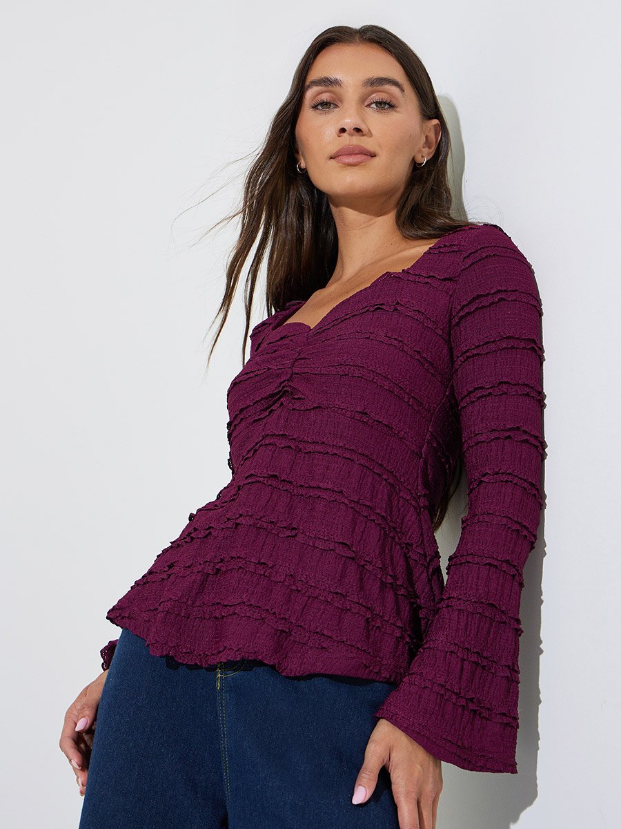 Burgundy Textured Sweetheart Neck Long Sleeve Peplum Top