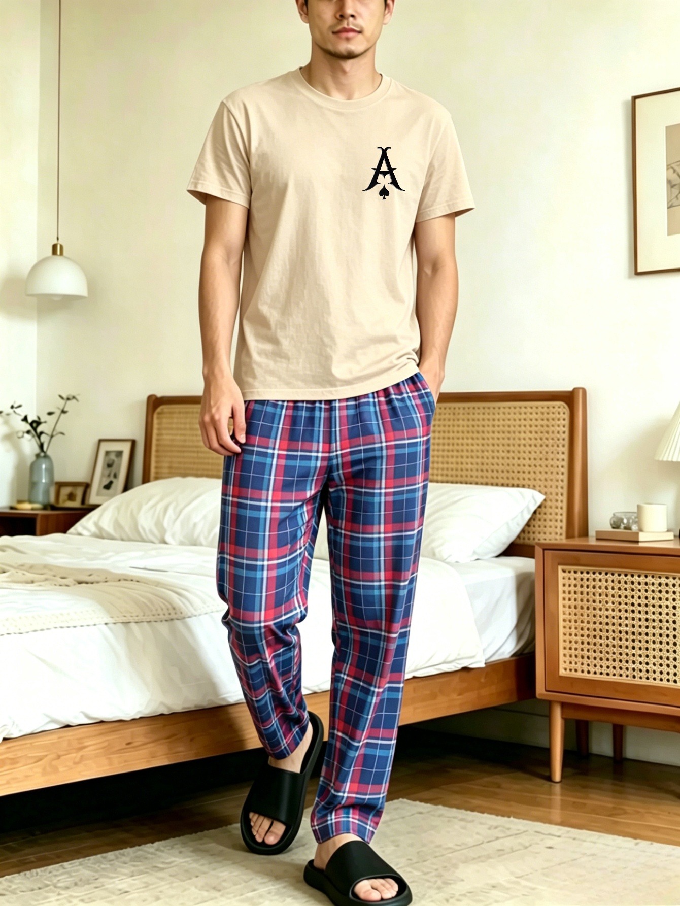 Men Printed T-Shirt and Checked Pyjama Set