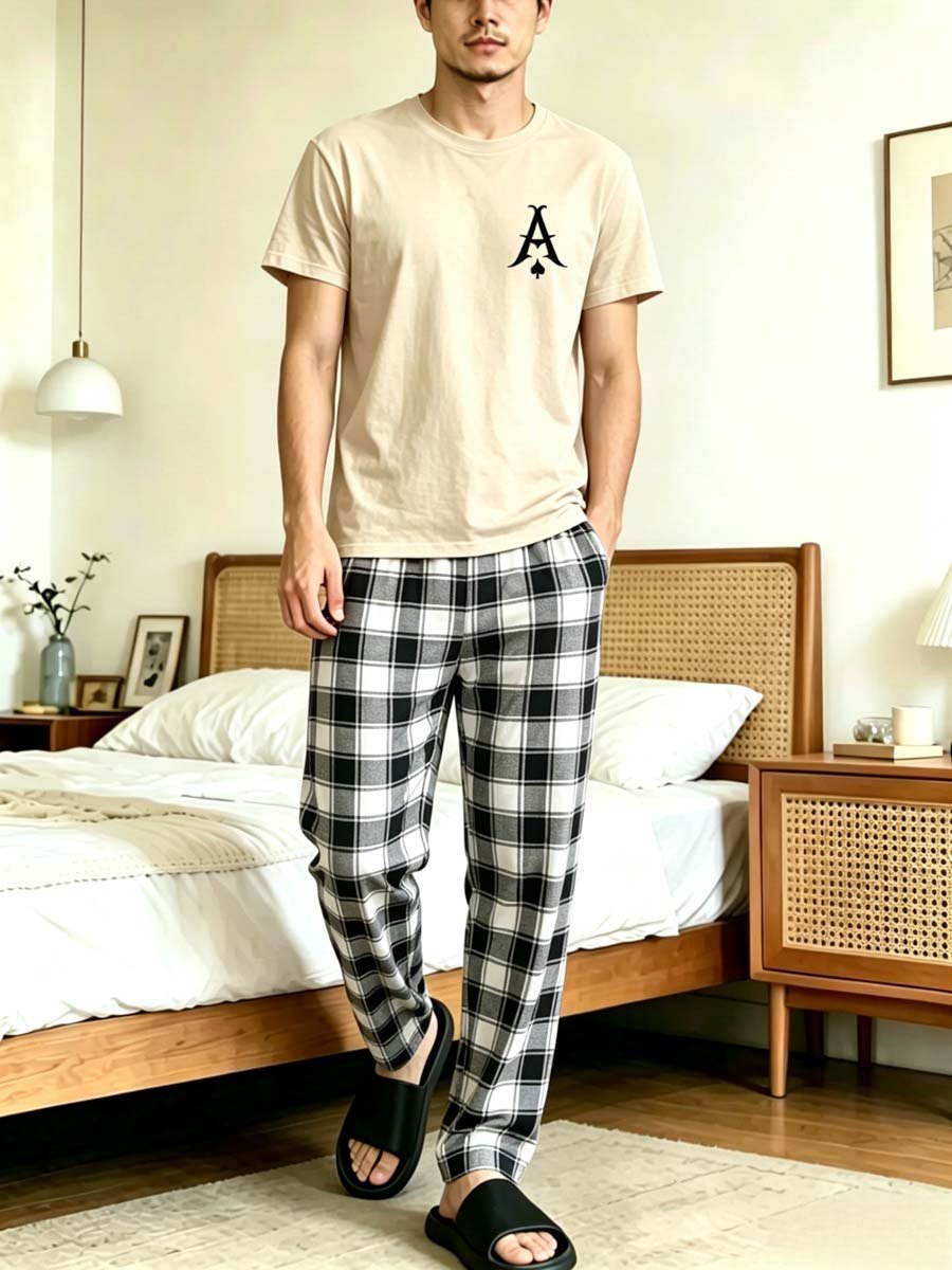 Men Printed T-Shirt and Checked Pyjama Set