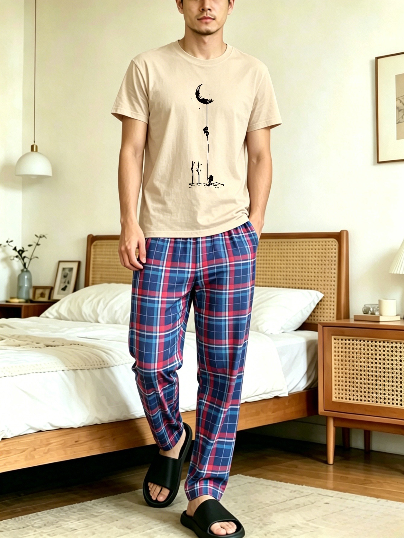 Men Printed T-Shirt and Checked Pyjama Set