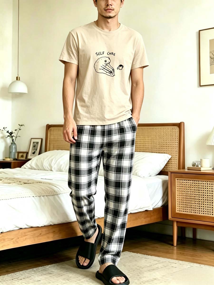 Men Printed T-Shirt and Checked Pyjama Set