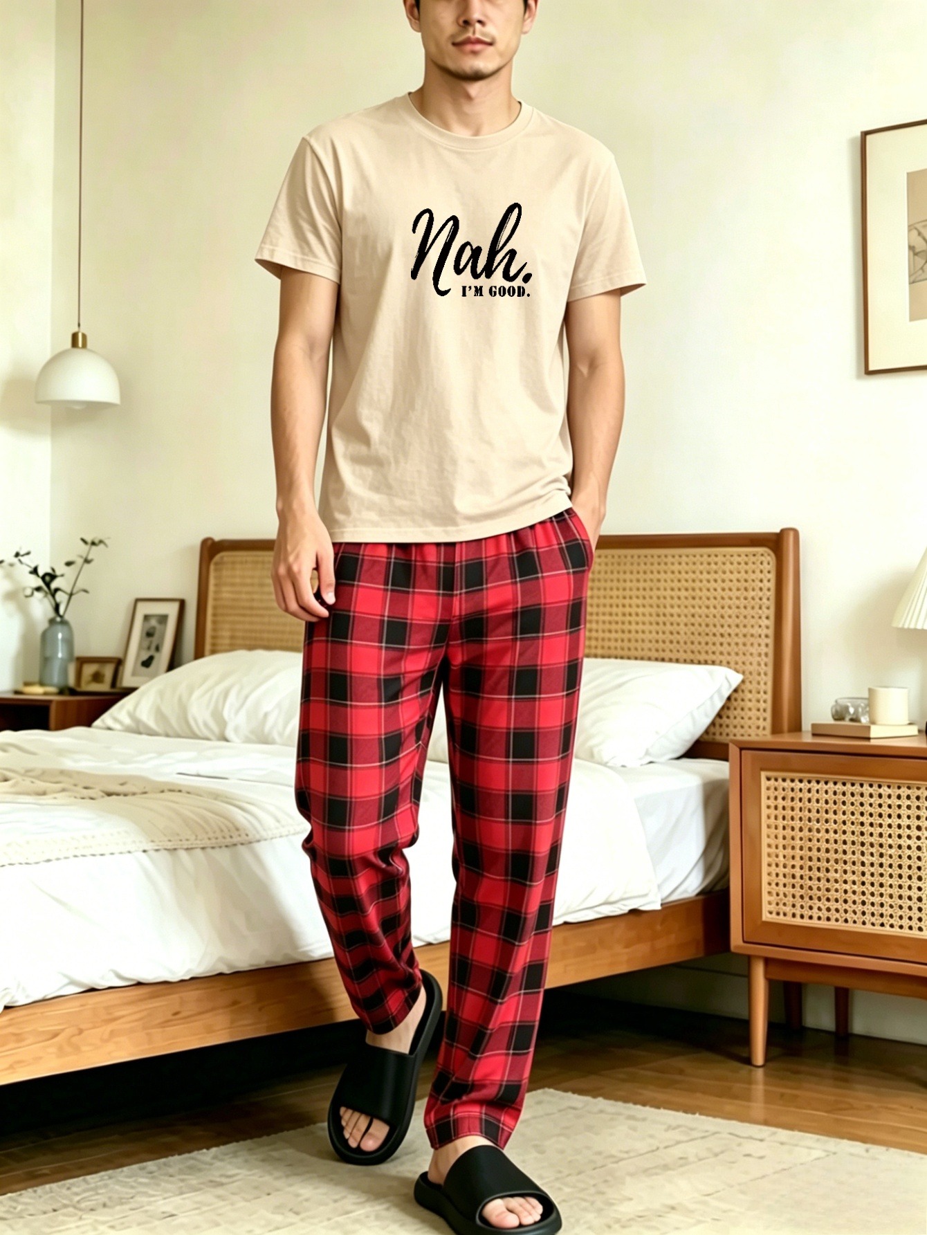 Men Printed T-Shirt and Checked Pyjama Set