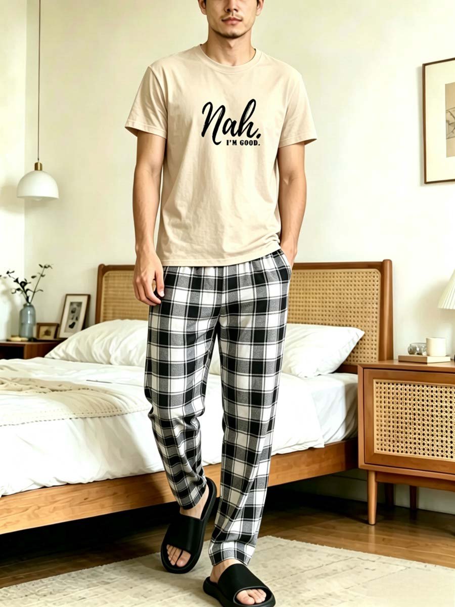 Men Printed T-Shirt and Checked Pyjama Set