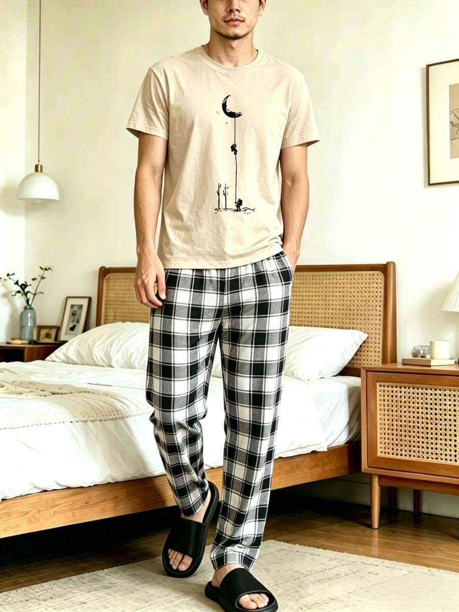 Men Printed T-Shirt and Checked Pyjama Set