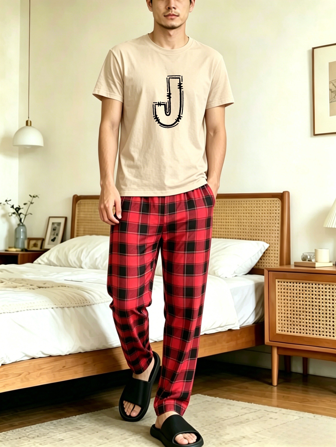 Men Printed T-Shirt and Checked Pyjama Set