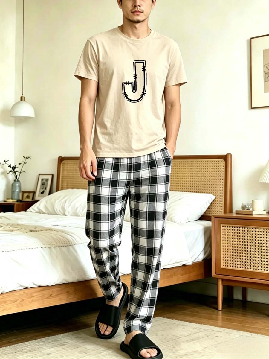 Men Printed T-Shirt and Checked Pyjama Set