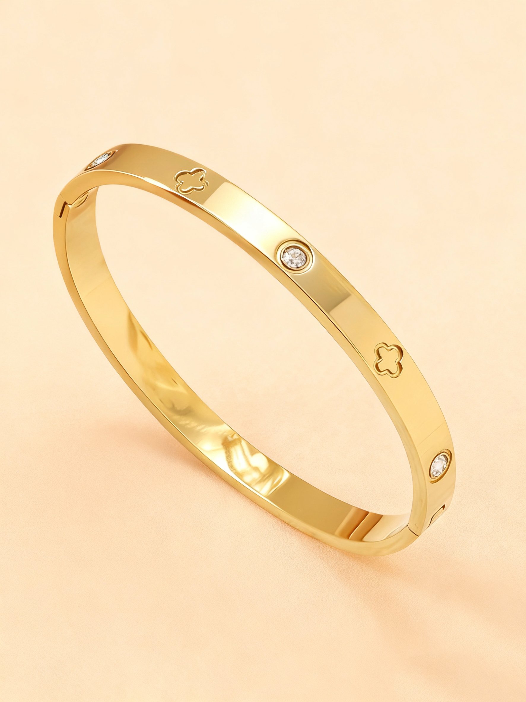 Gold Clover and Rhinestone Bangle Bracelet