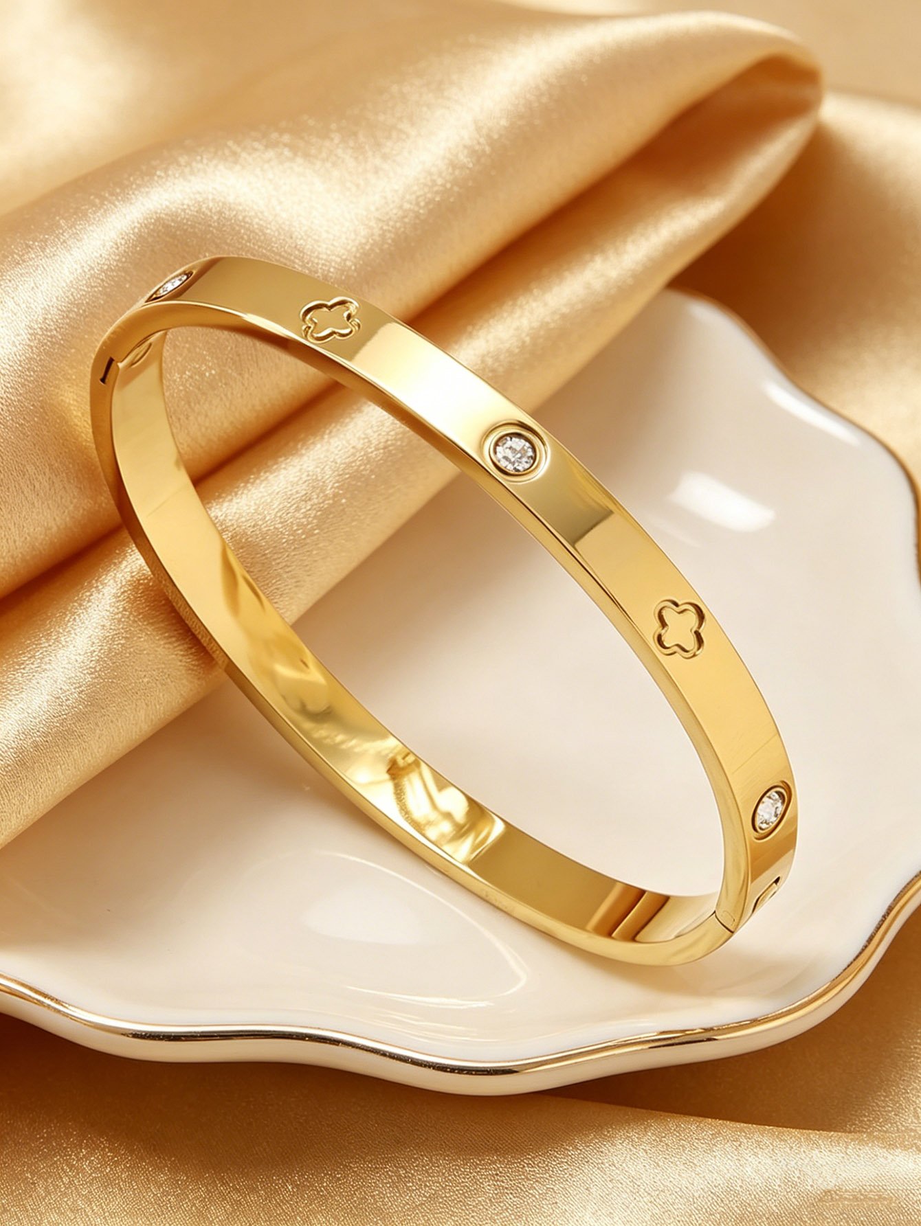 Gold Clover and Rhinestone Bangle Bracelet