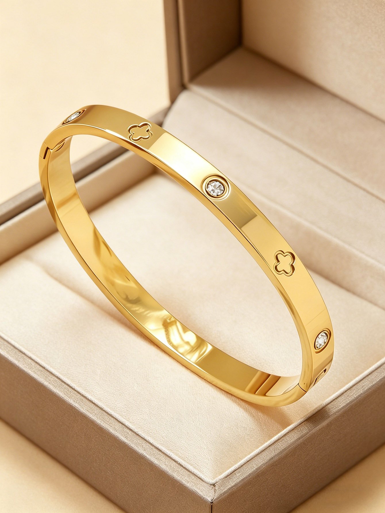 Gold Clover and Rhinestone Bangle Bracelet