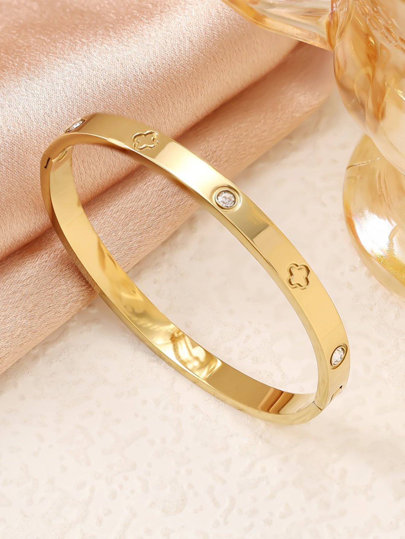 Gold Clover and Rhinestone Bangle Bracelet