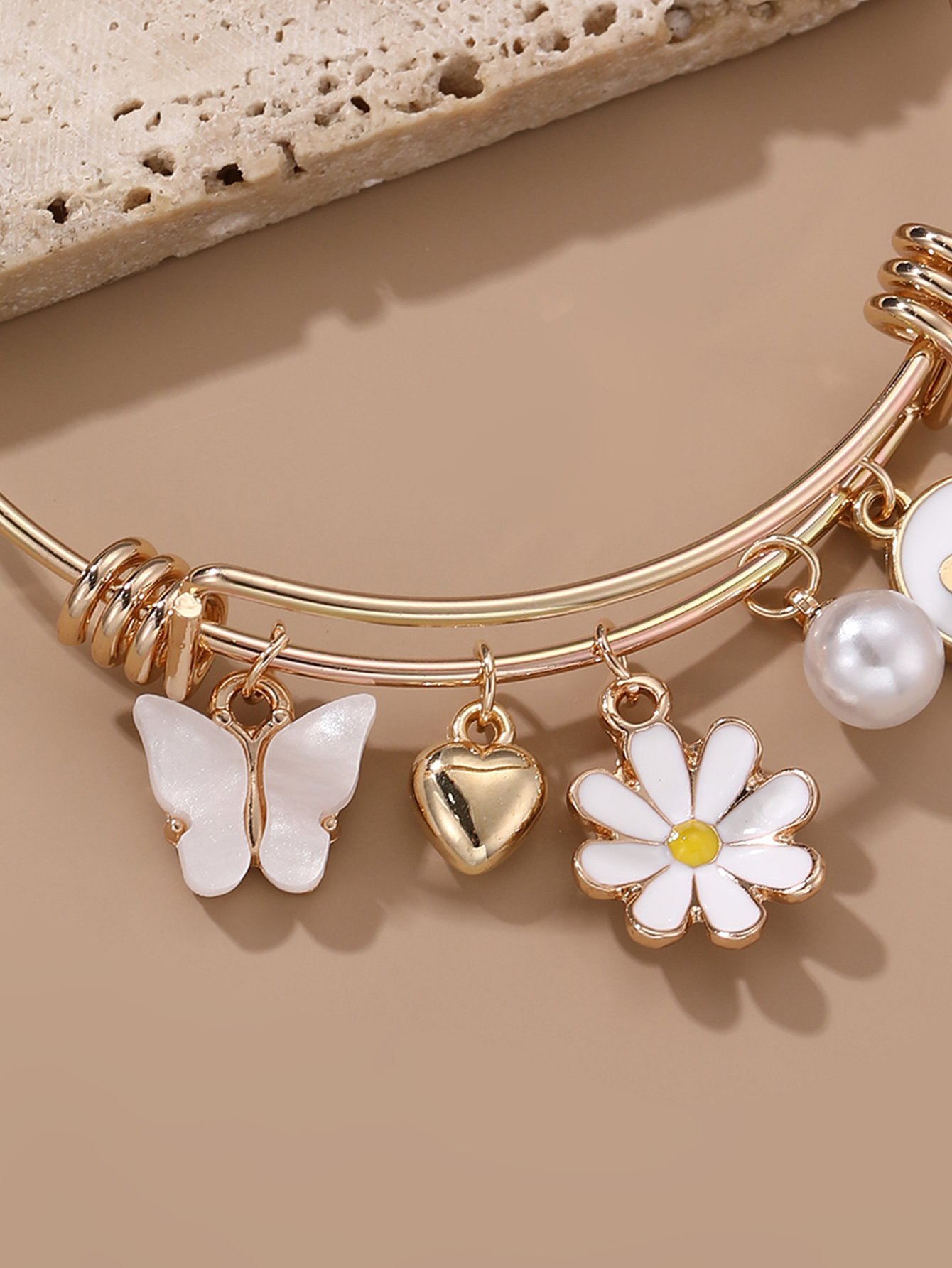 White Butterfly and Daisy Charm Bangle Bracelet