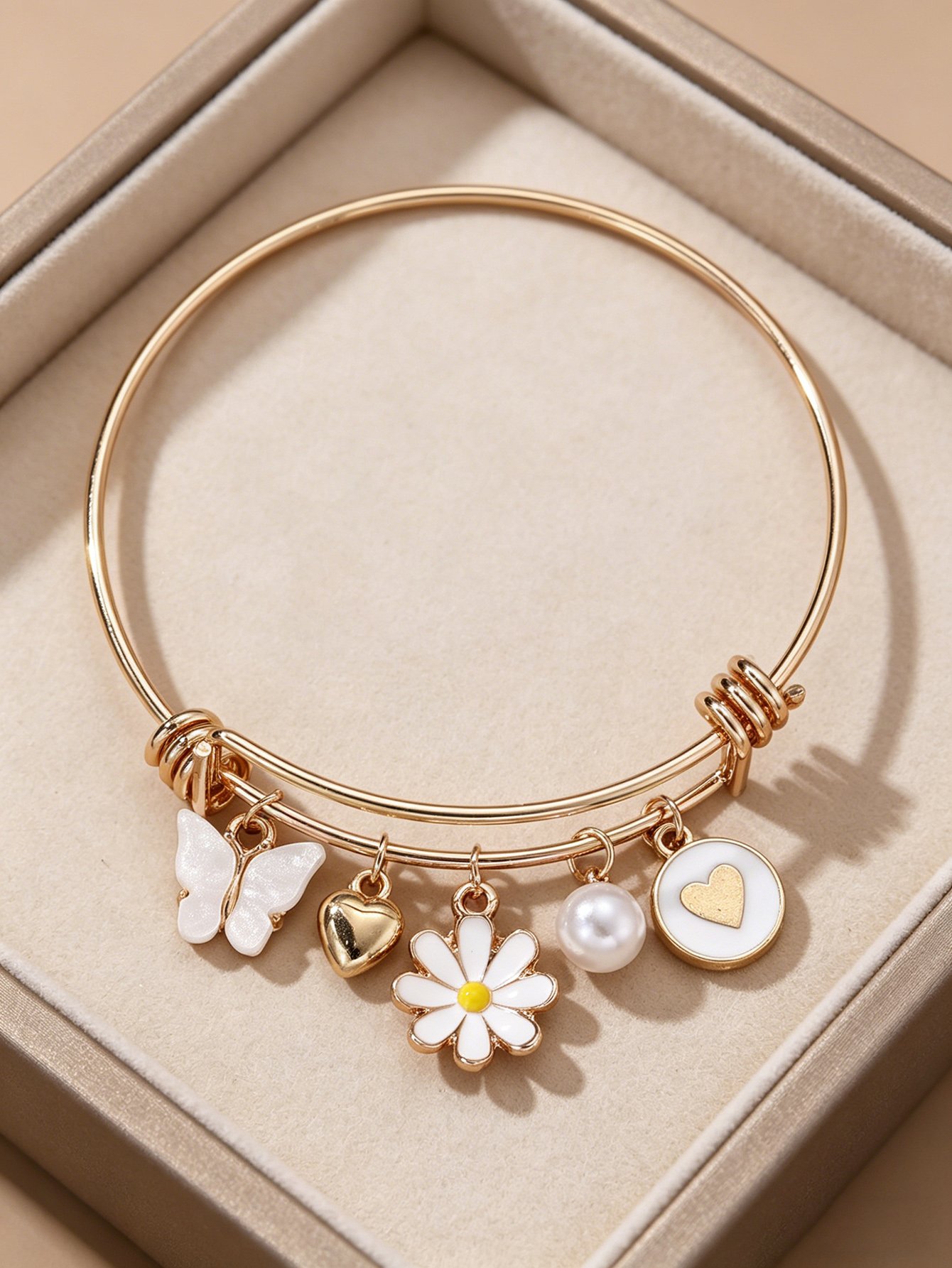 White Butterfly and Daisy Charm Bangle Bracelet