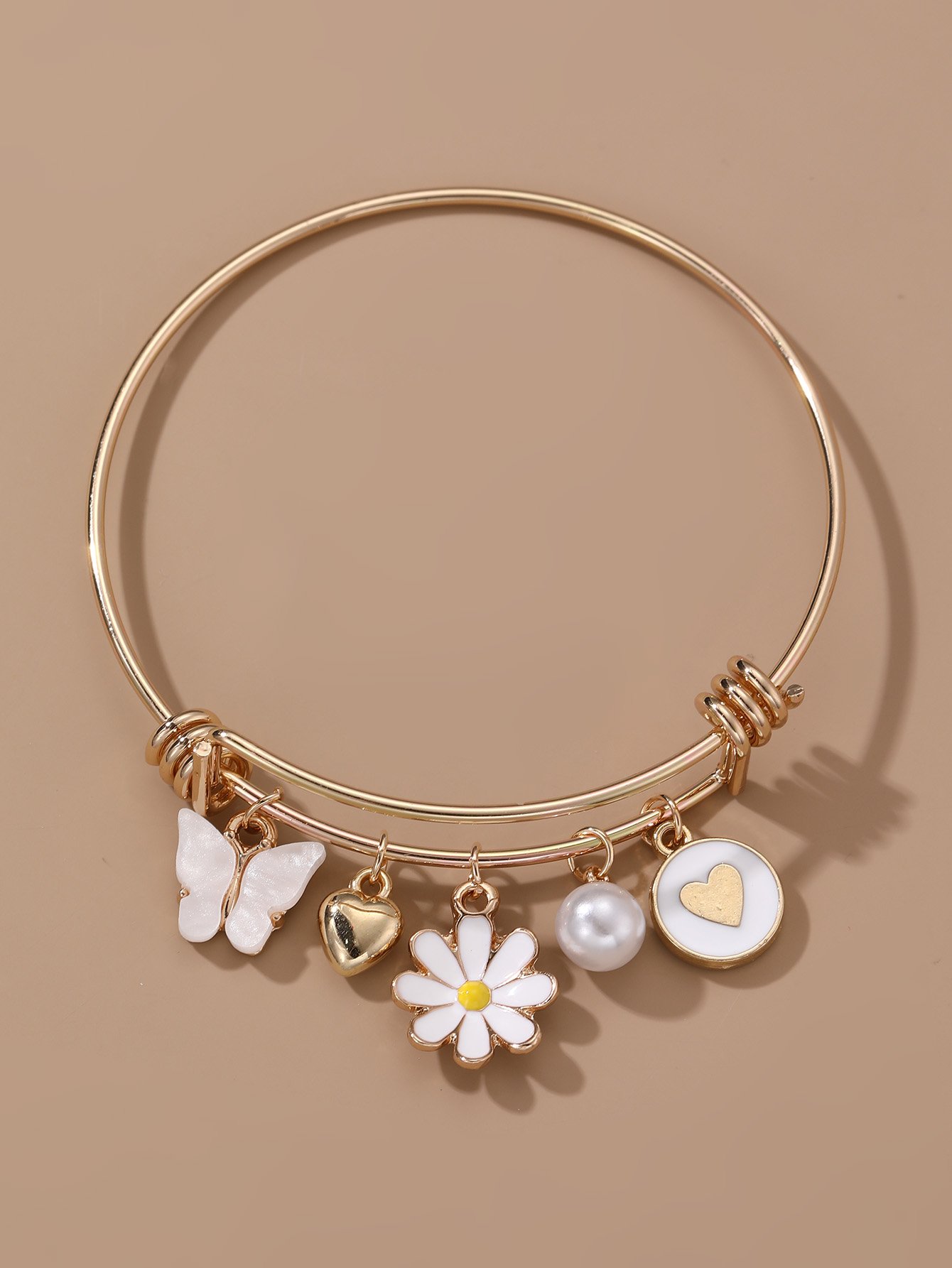 White Butterfly and Daisy Charm Bangle Bracelet