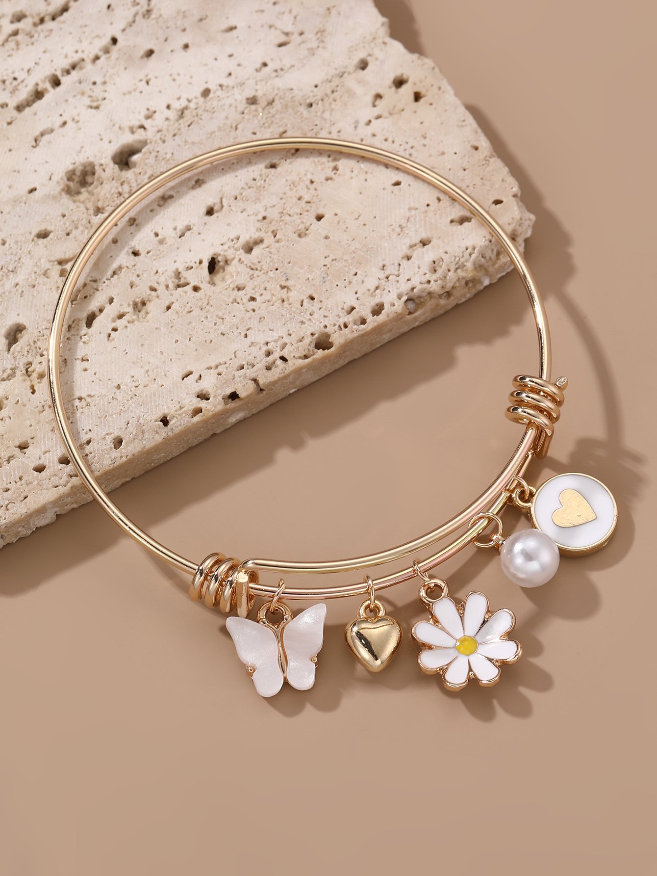 White Butterfly and Daisy Charm Bangle Bracelet