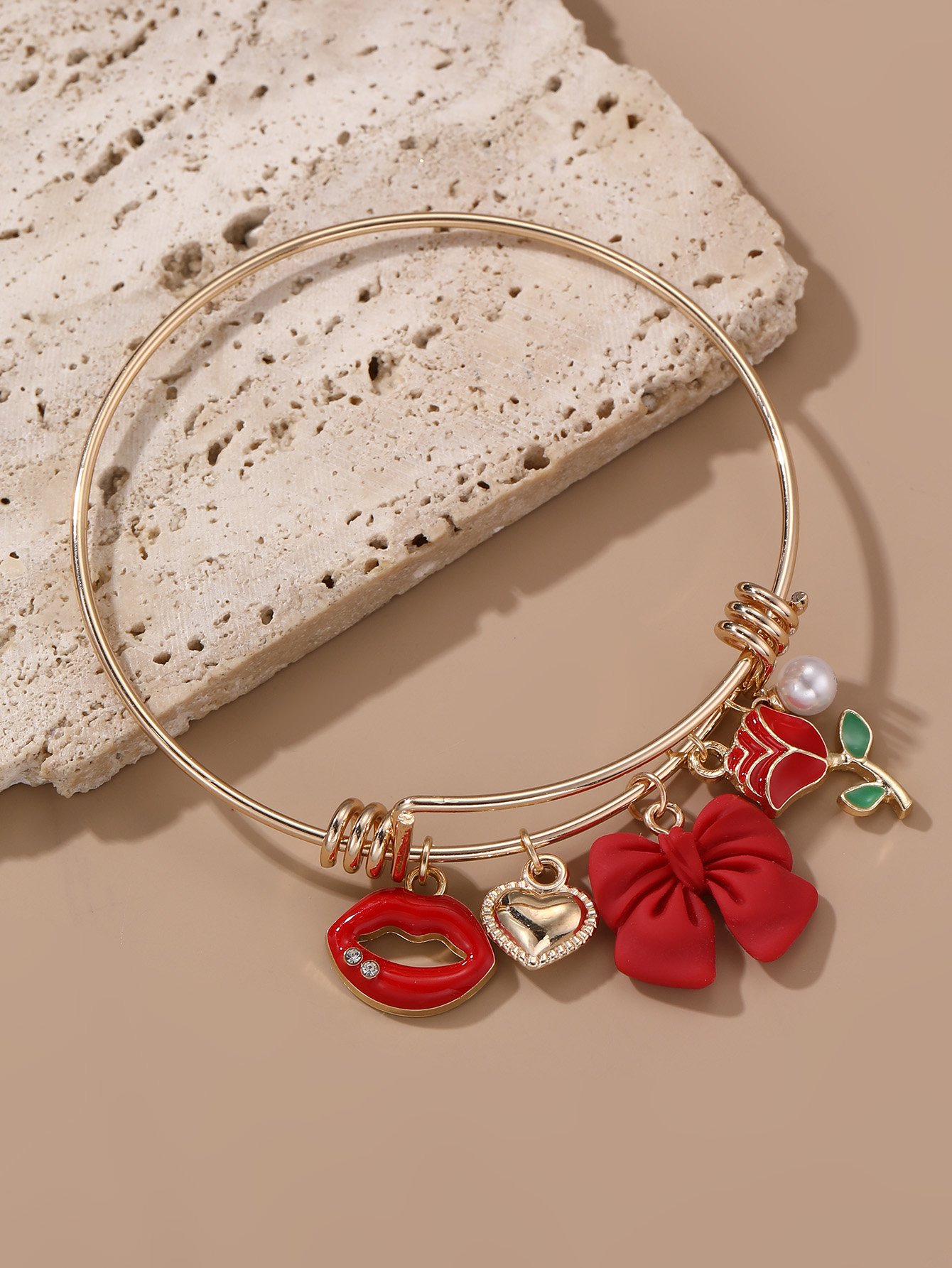 Red Charm Bangle Bracelet  with Bow and Lip Design