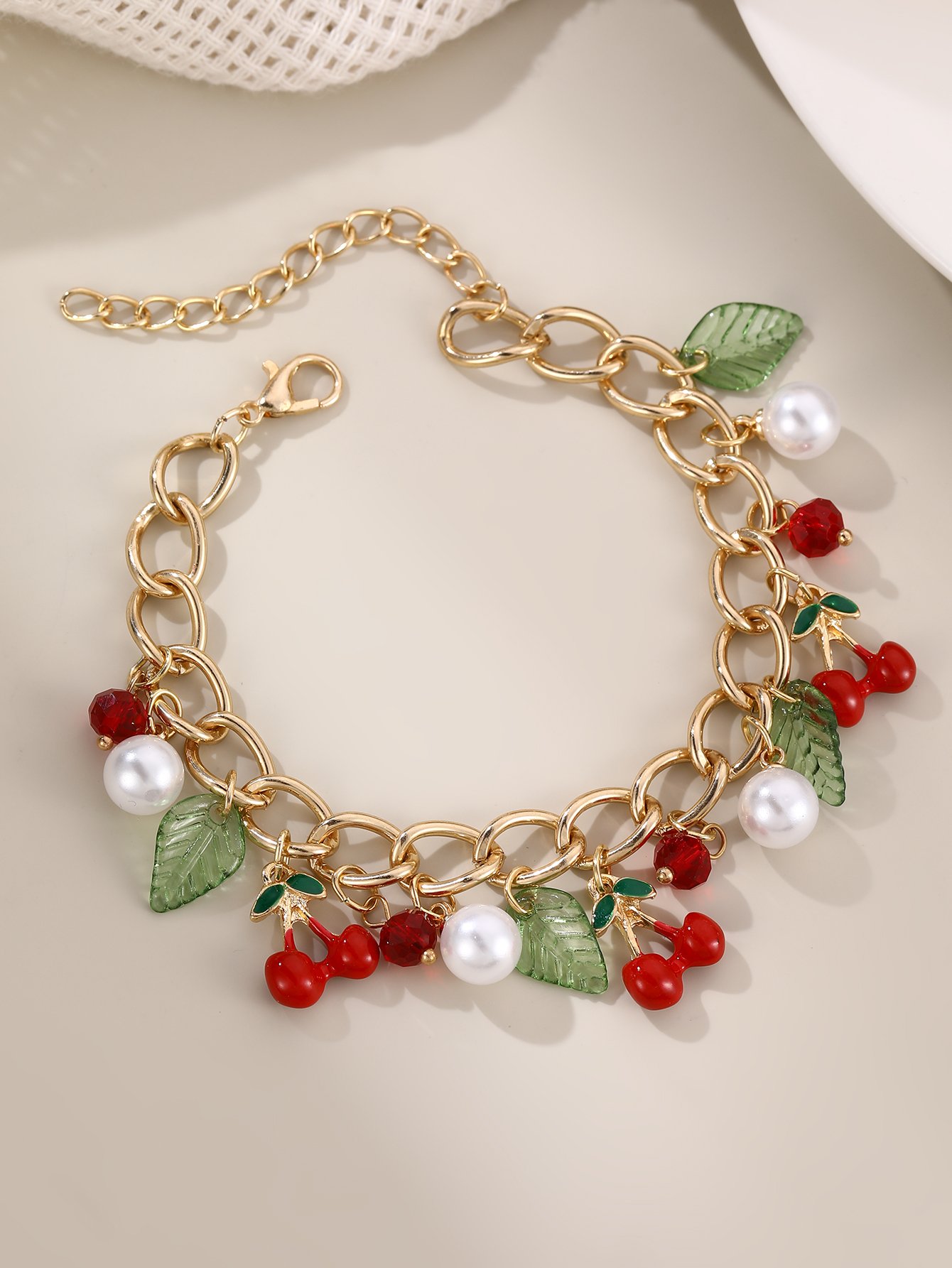 Charming Cherry and Pearl Gold-Tone Charm Bracelet 