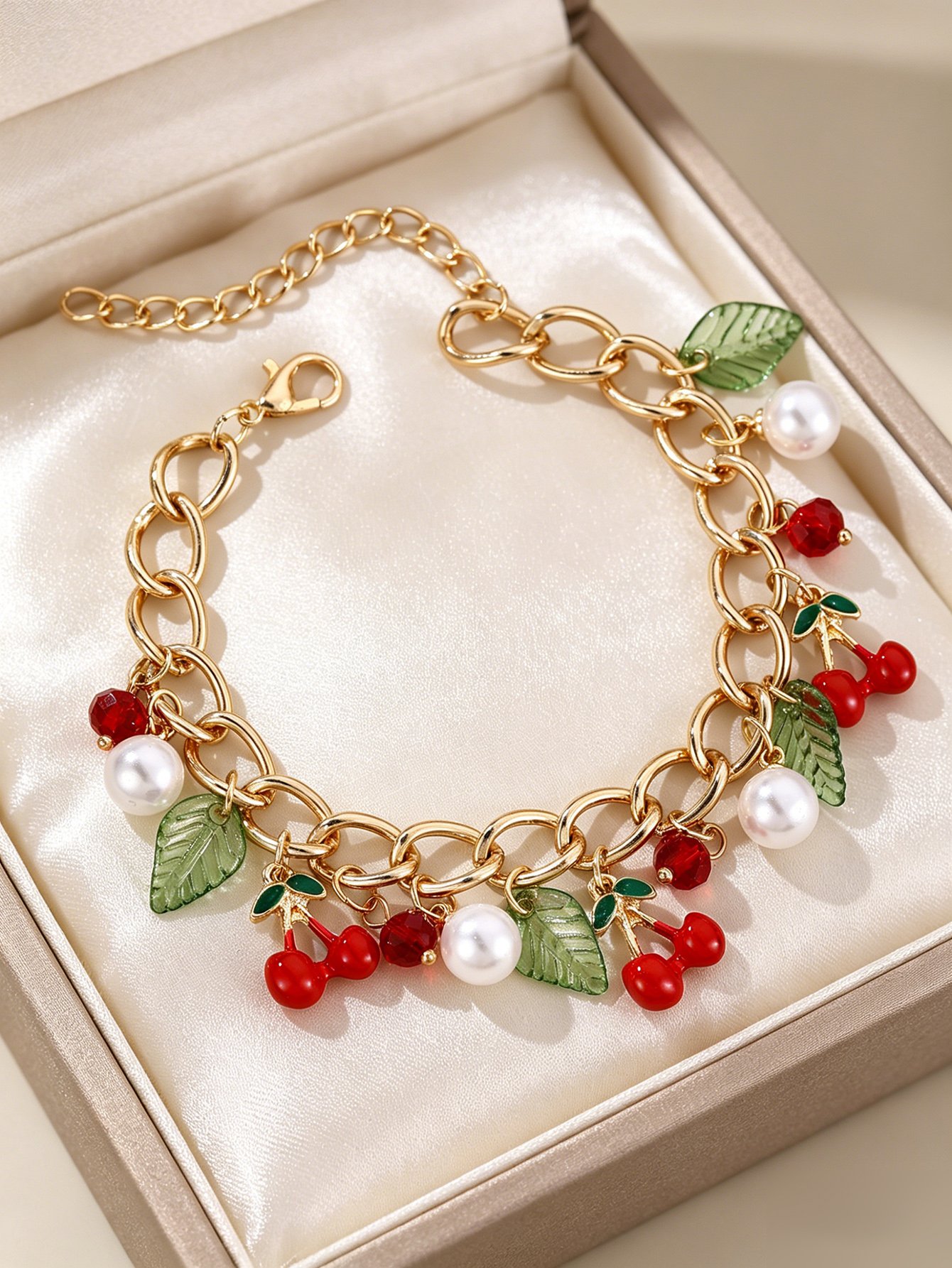 Charming Cherry and Pearl Gold-Tone Charm Bracelet 