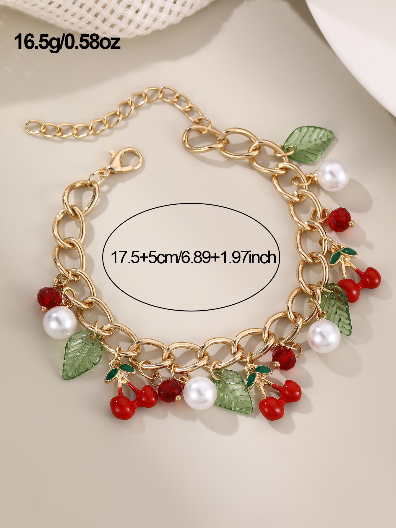 Charming Cherry and Pearl Gold-Tone Charm Bracelet 