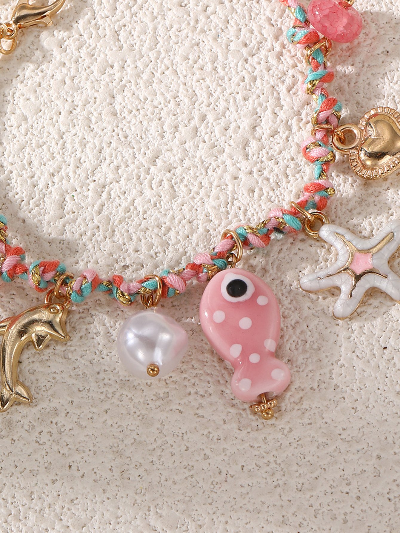 Pink Starfish and Dolphin Charm Bangle Bracelet