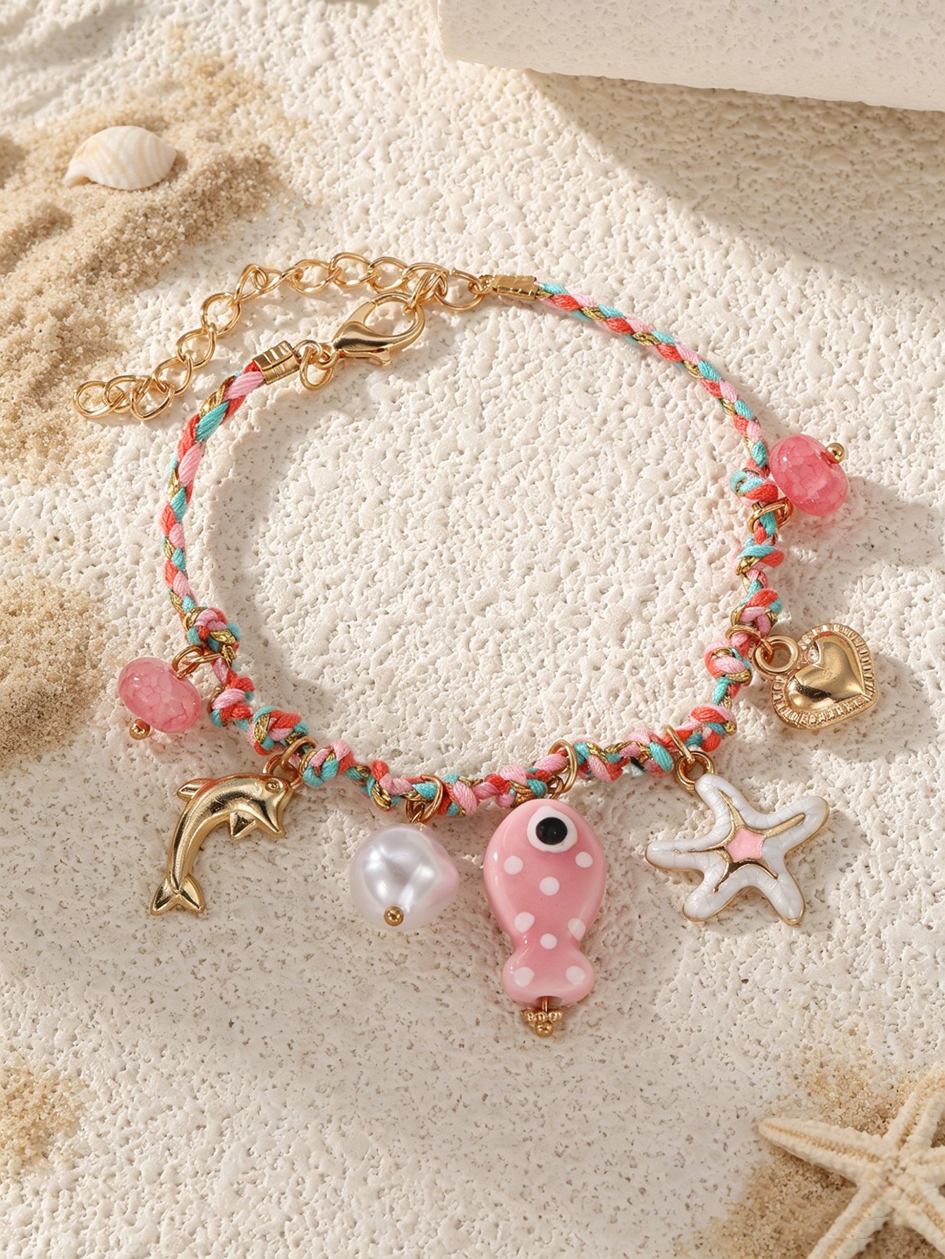 Pink Starfish and Dolphin Charm Bangle Bracelet