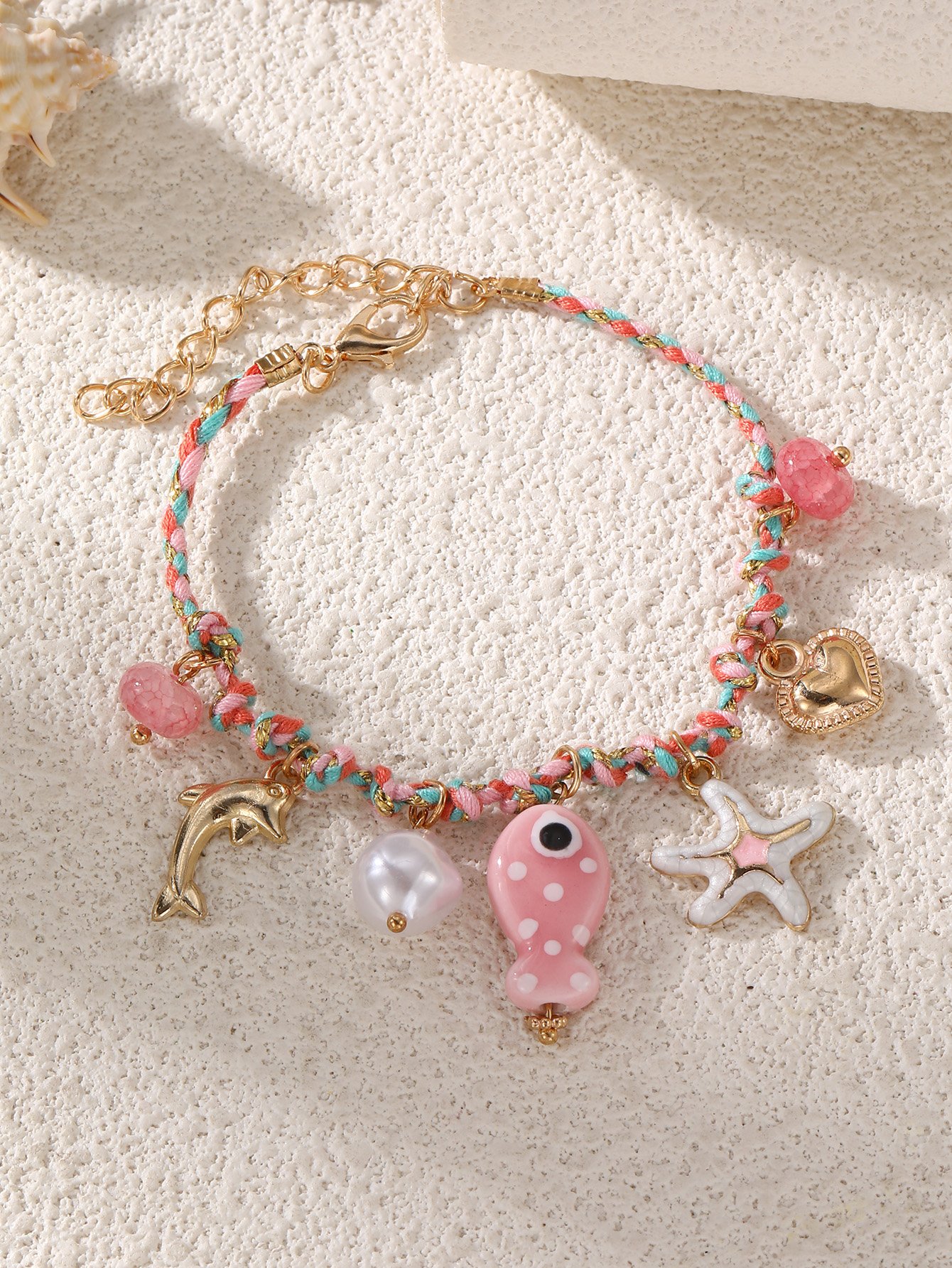 Pink Starfish and Dolphin Charm Bangle Bracelet