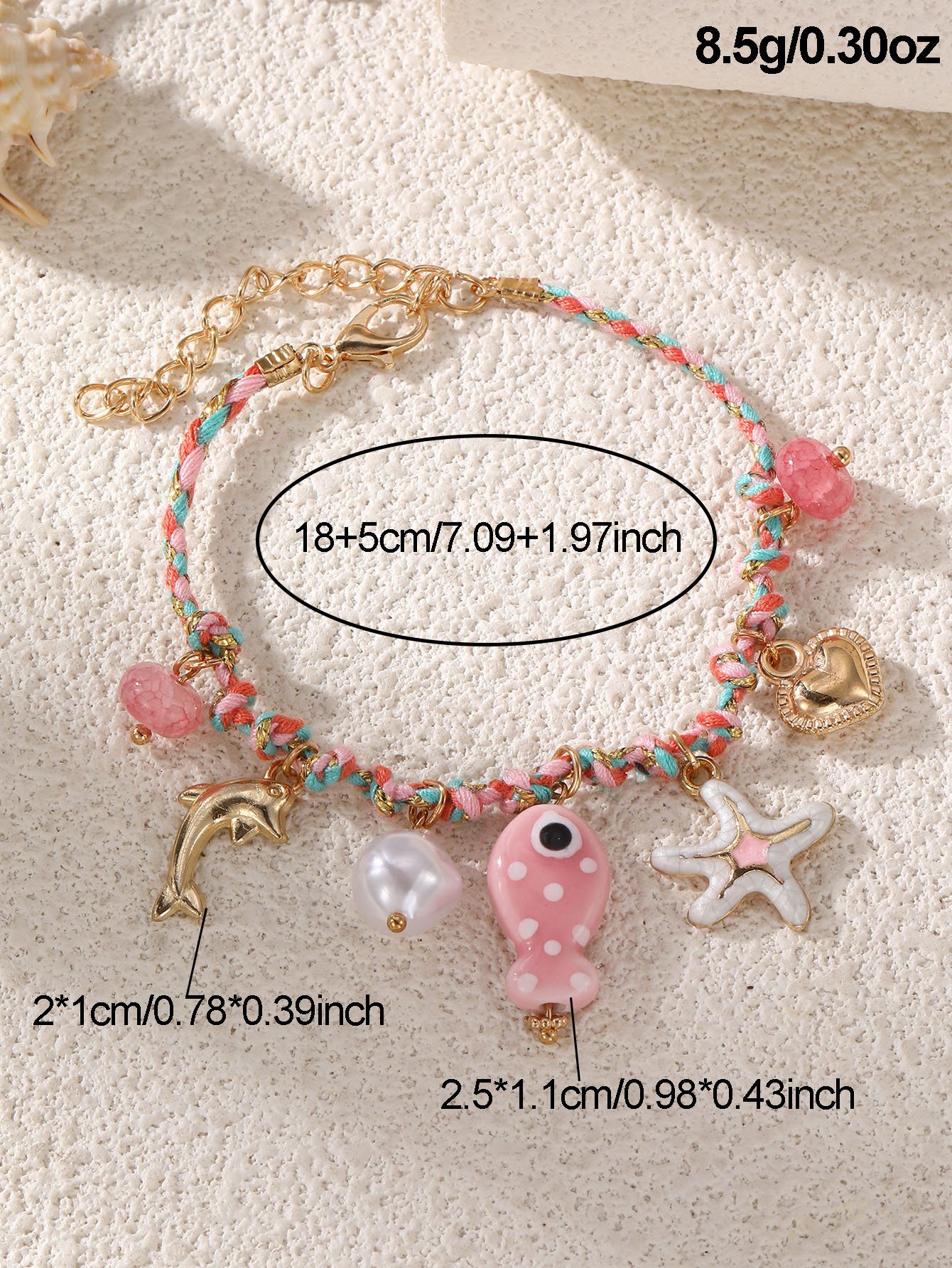Pink Starfish and Dolphin Charm Bangle Bracelet