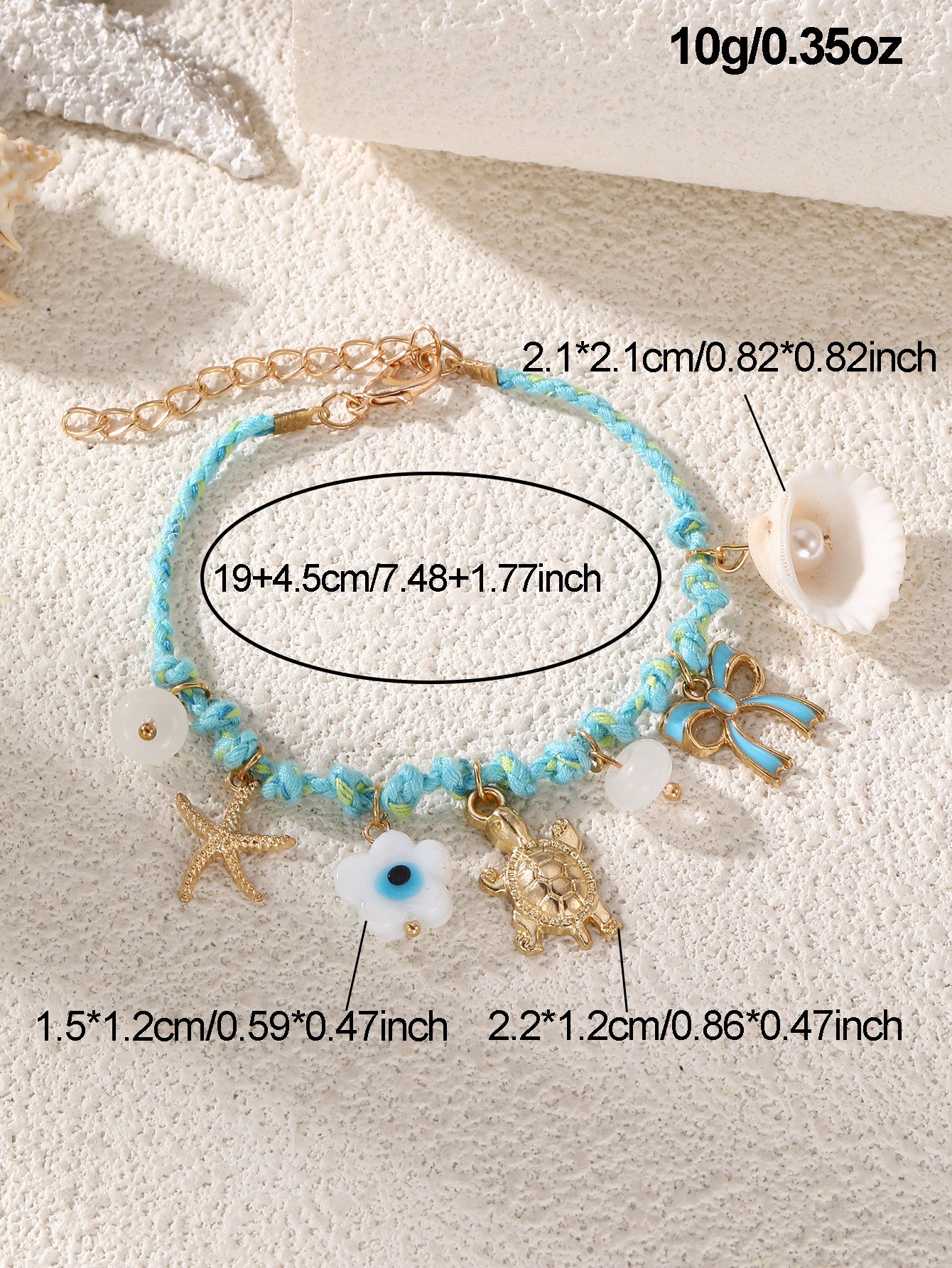Blue Braided Charm Bracelet with Evil Eye Flower and Turtle