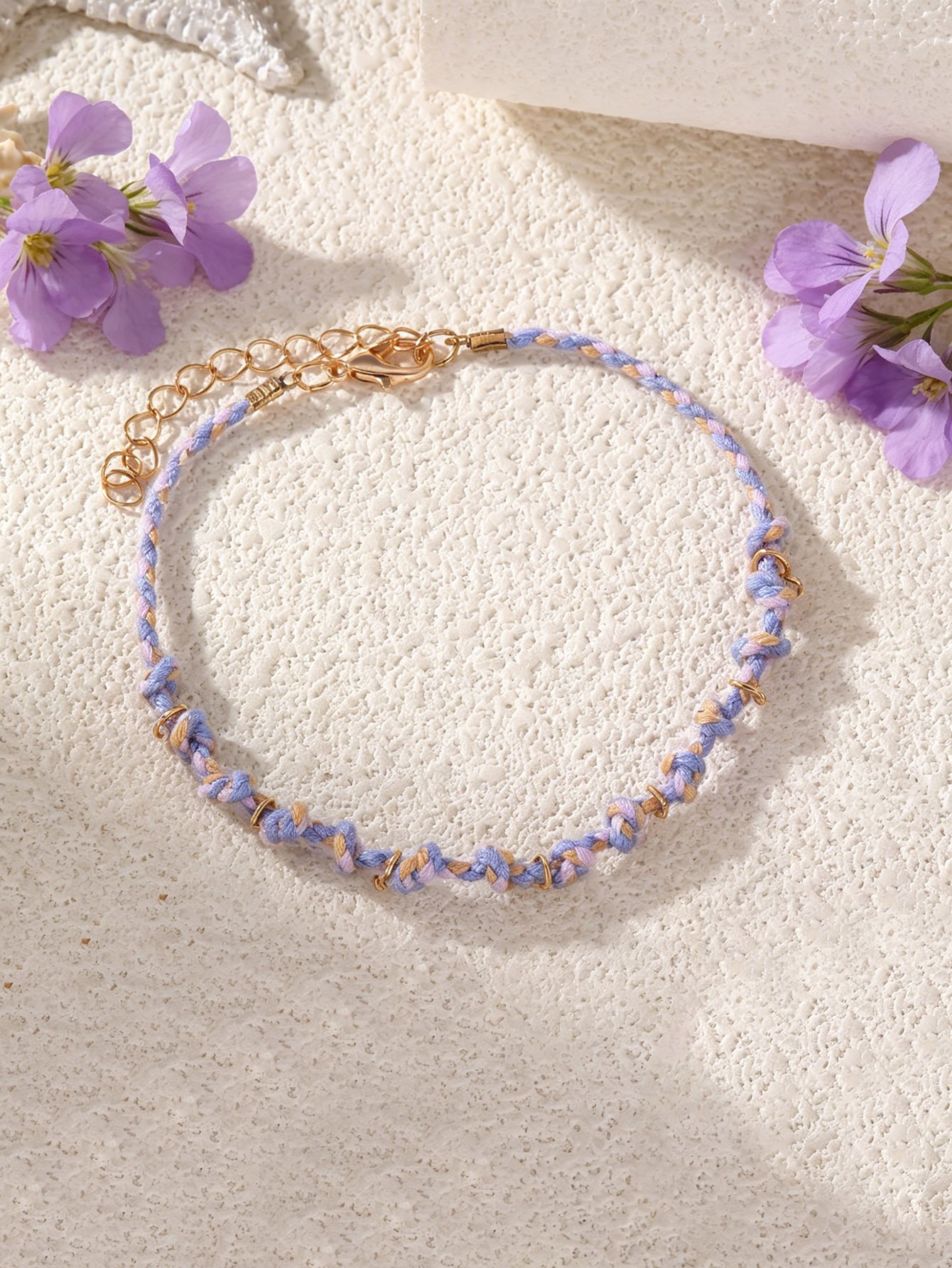 Purple and Beige Braided Bracelet with Gold Accents