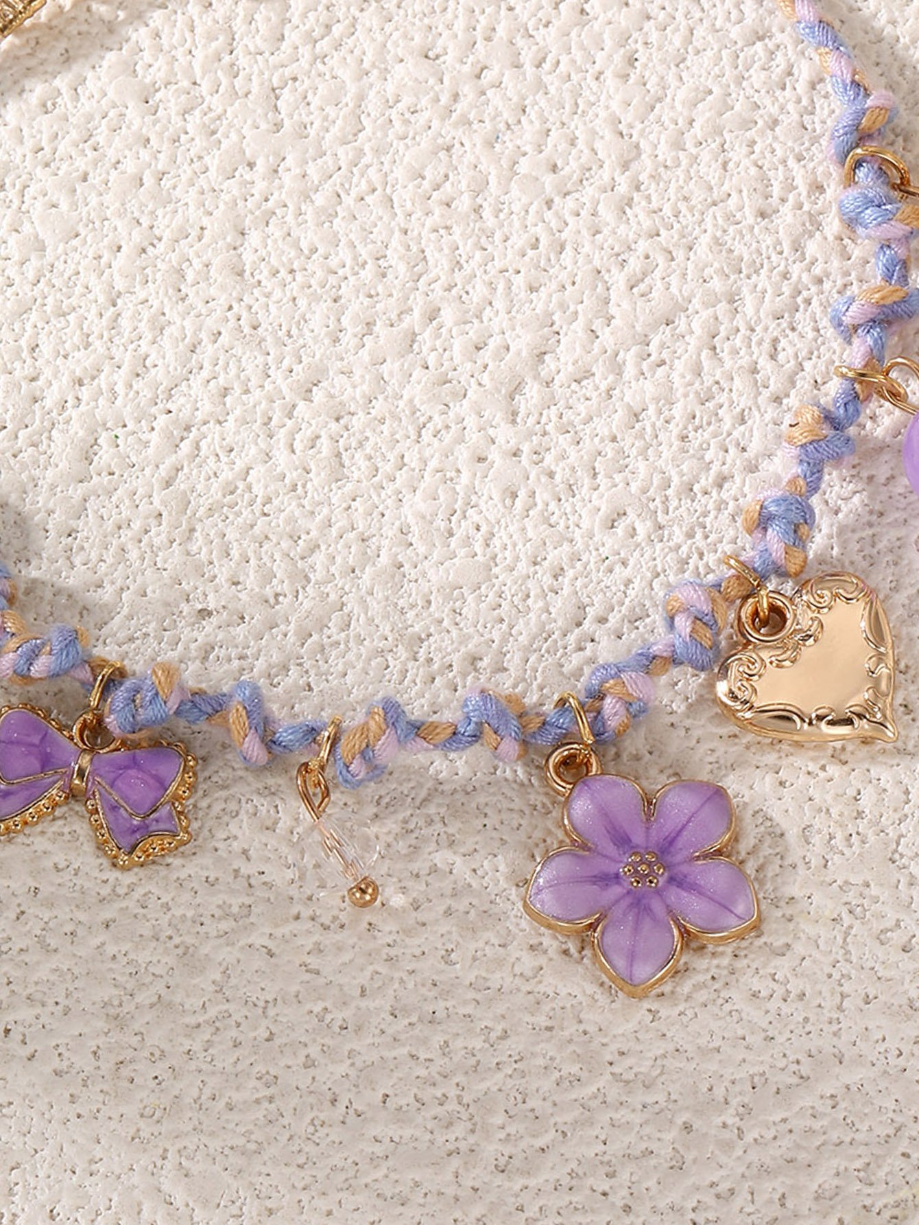 Purple and Beige Braided Bracelet with Gold Accents