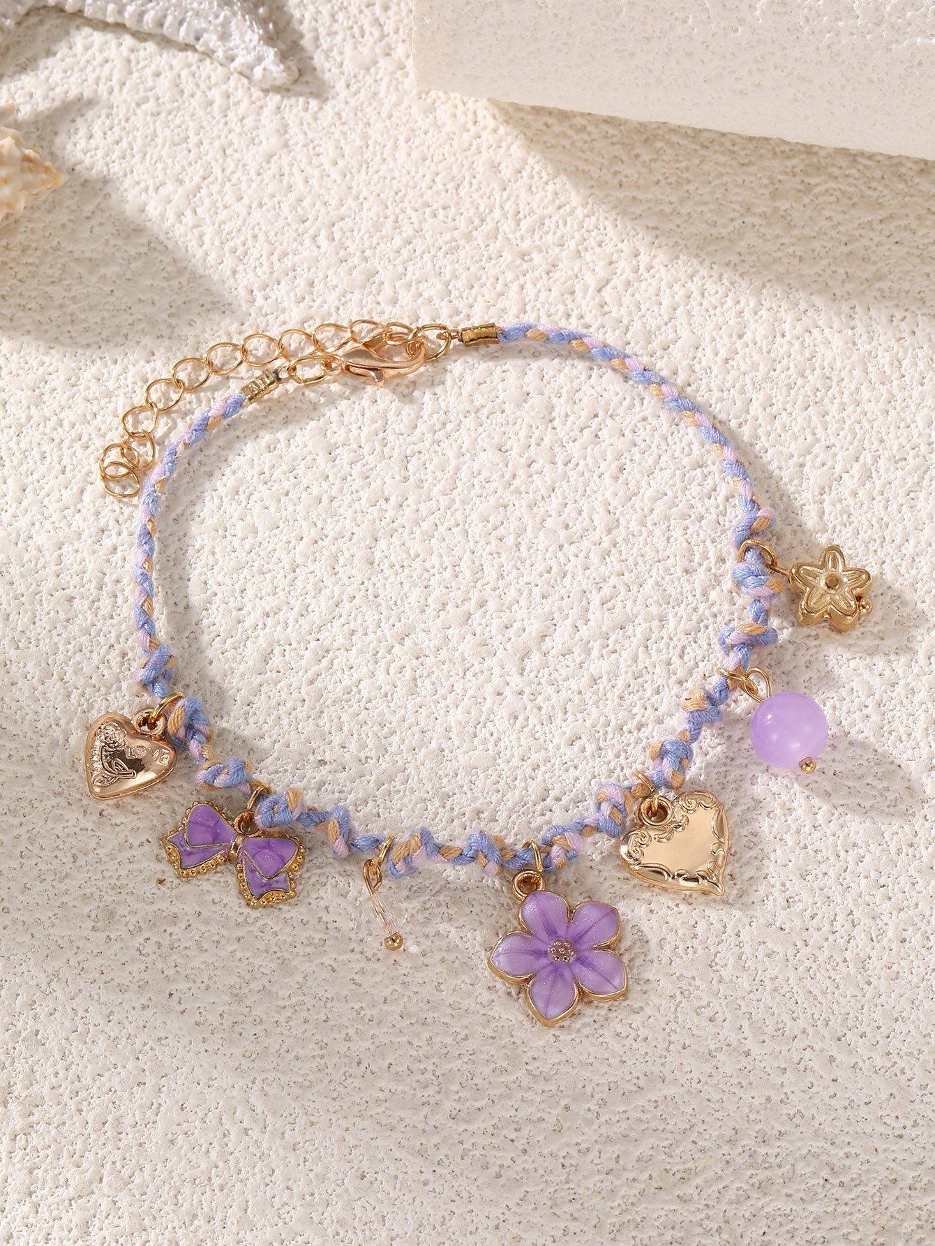 Purple and Beige Braided Bracelet with Gold Accents
