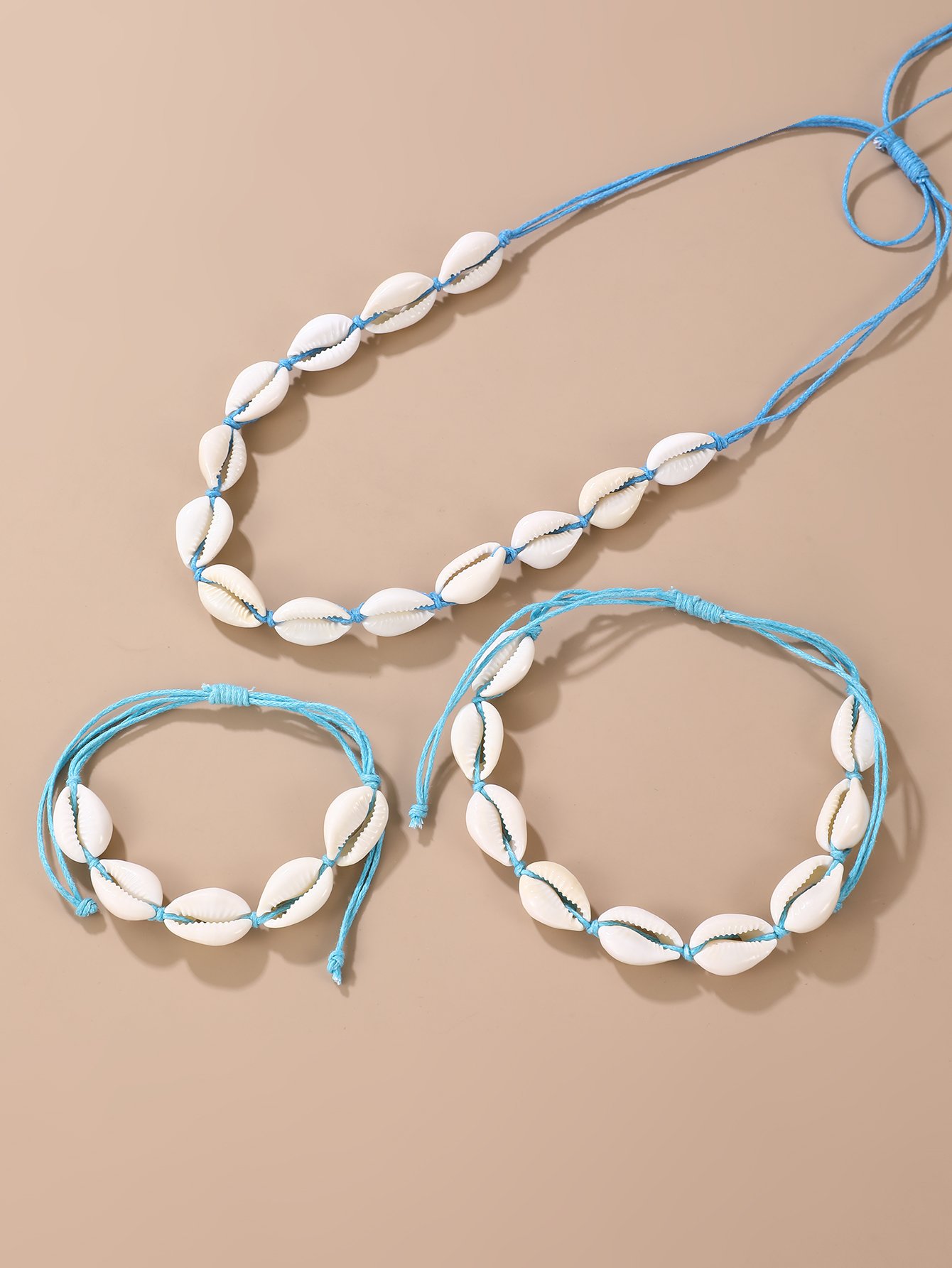 3-Piece Blue Cowrie Shell Necklace and Bracelet Set