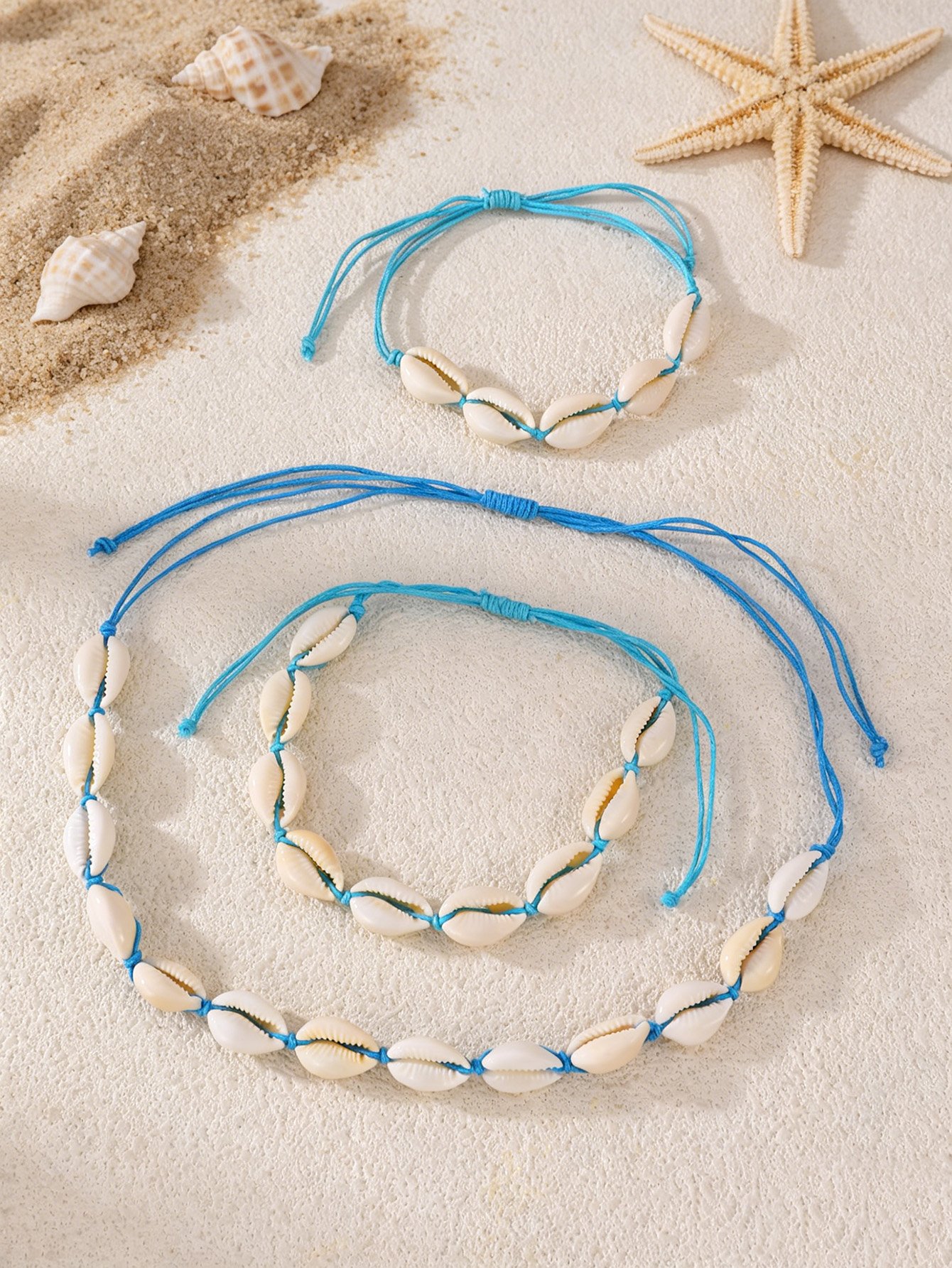 3-Piece Blue Cowrie Shell Necklace and Bracelet Set