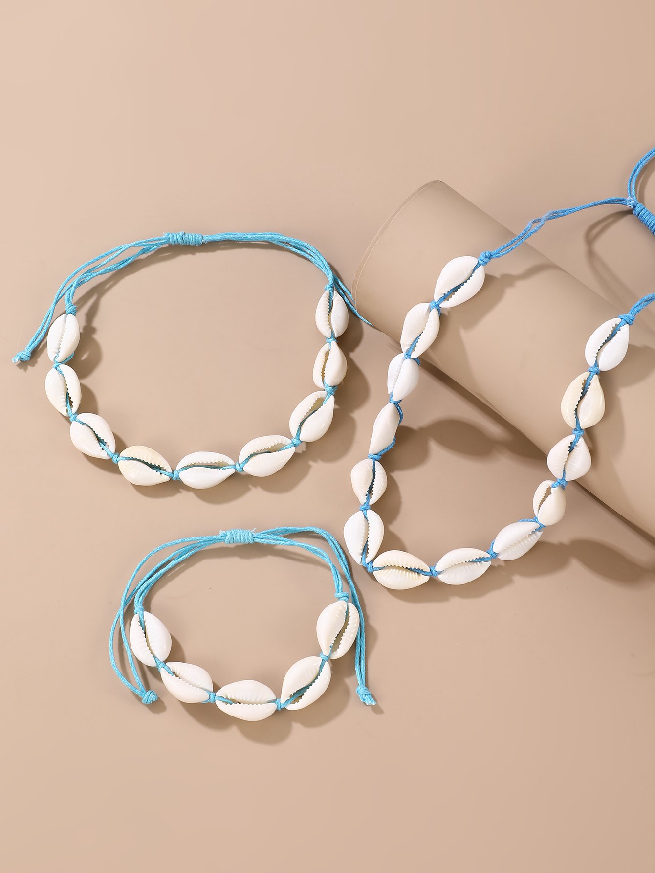 3-Piece Blue Cowrie Shell Necklace and Bracelet Set