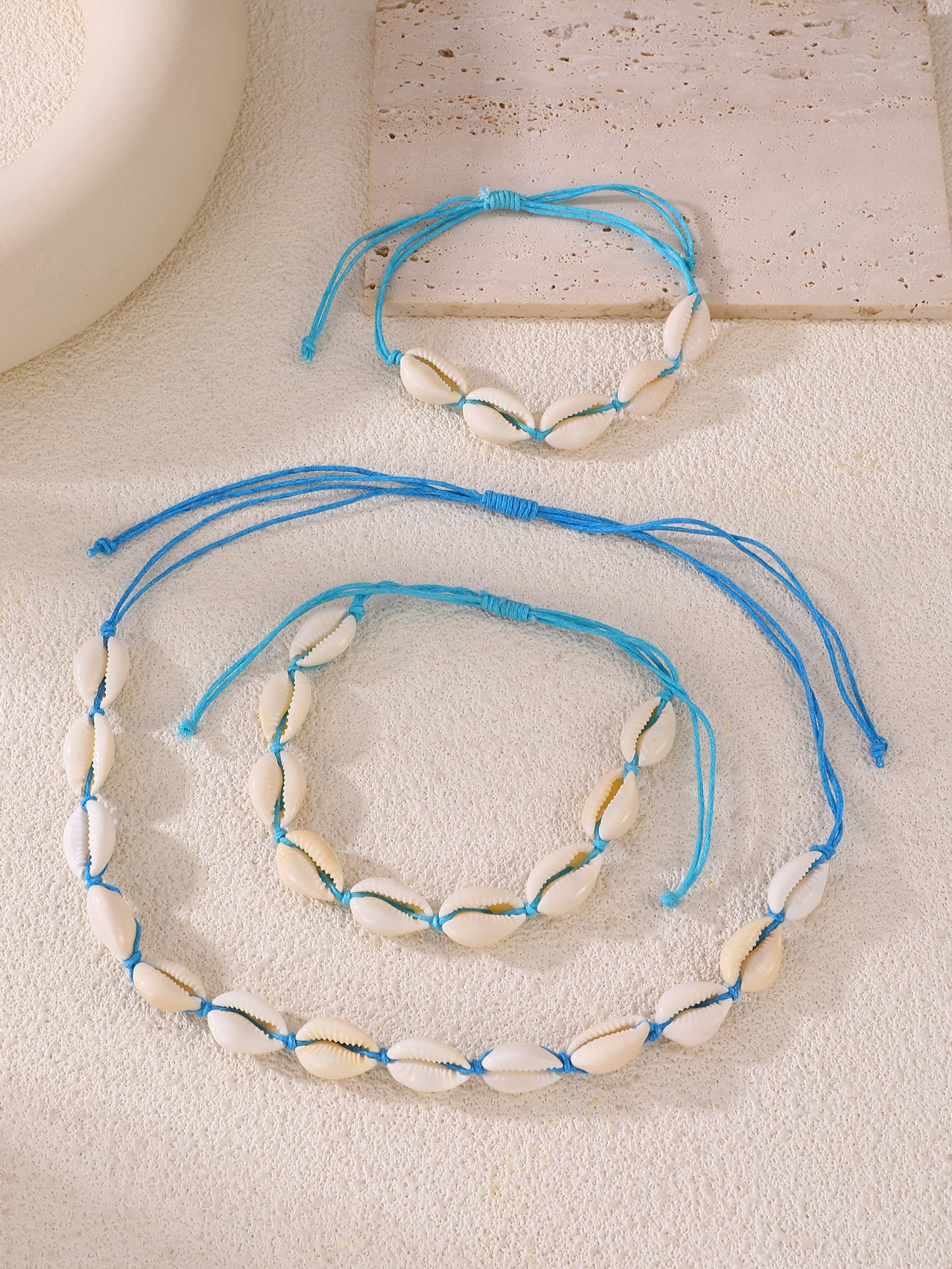 3-Piece Blue Cowrie Shell Necklace and Bracelet Set