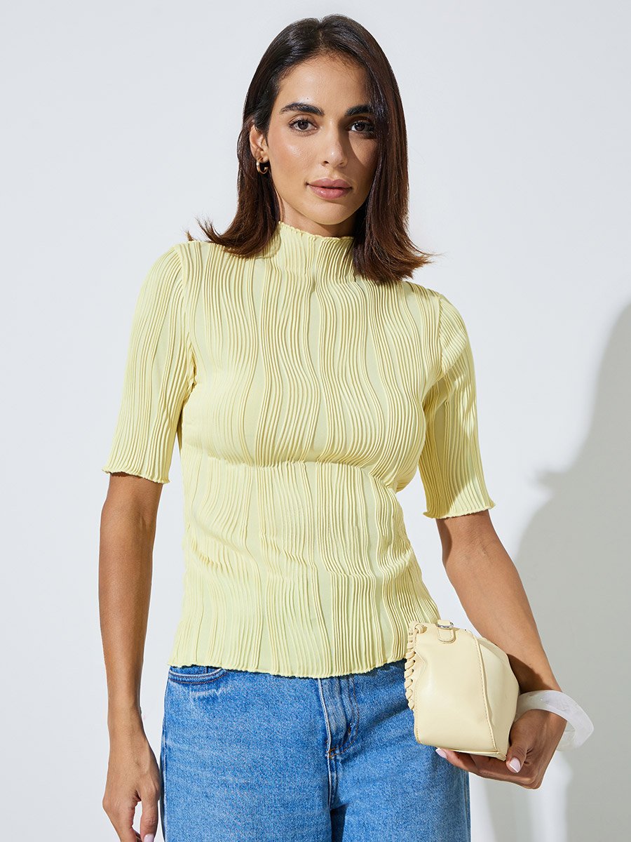 Yellow Textured High Neck Knit Top