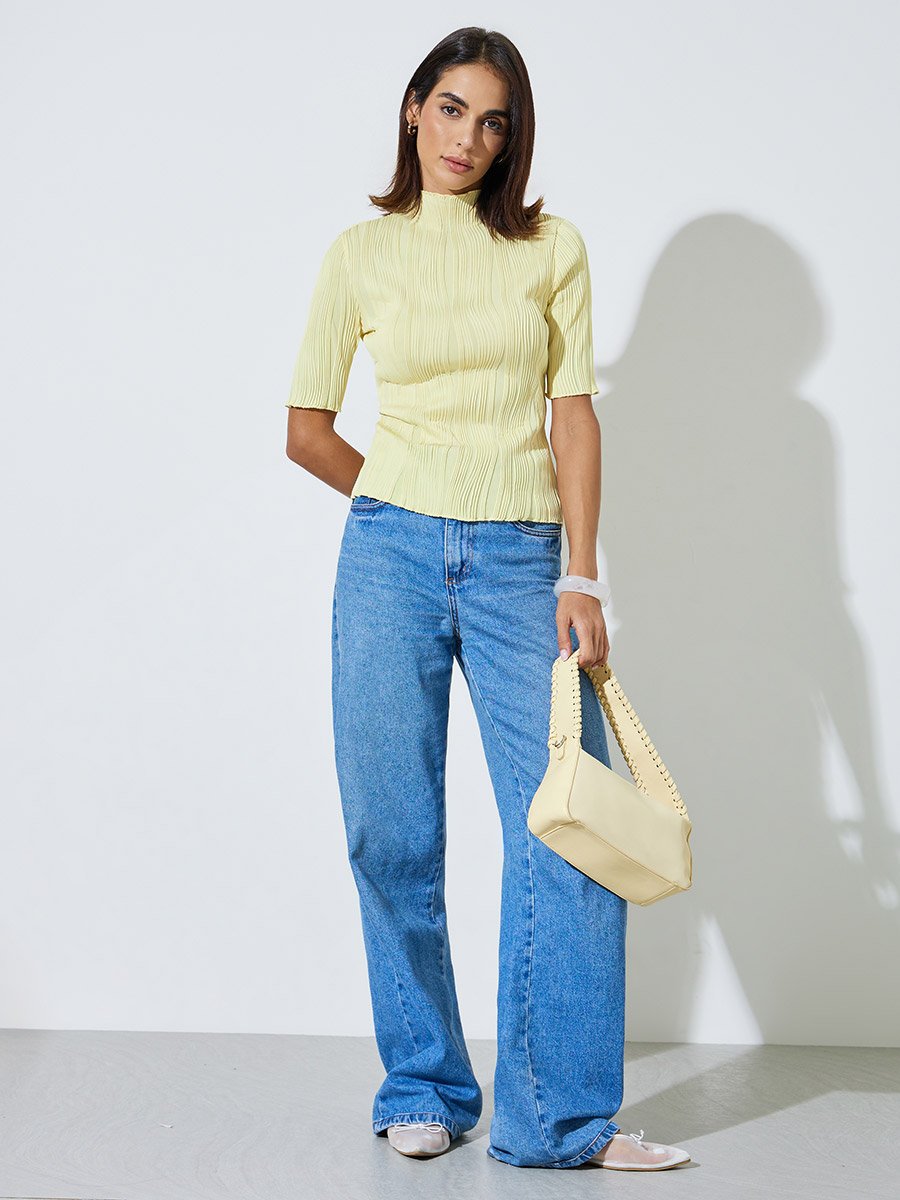 Yellow Textured High Neck Knit Top