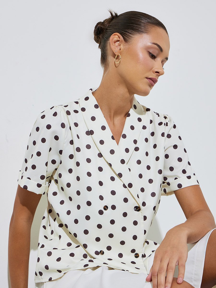 Off-White Polka Dot Short Sleeve Wrap Blouse