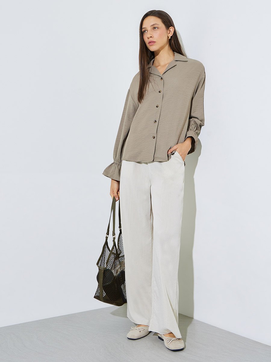 Khaki Button-Down Shirt with Frill Cuffs