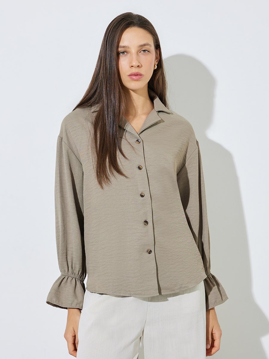 Khaki Button-Down Shirt with Frill Cuffs