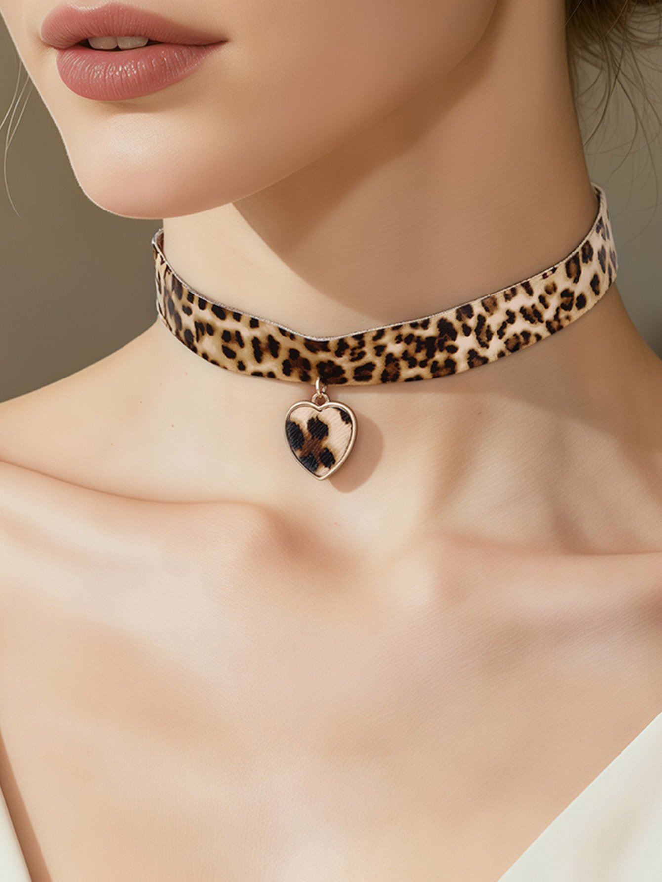 Leopard Print Heart Charm Choker Necklace
