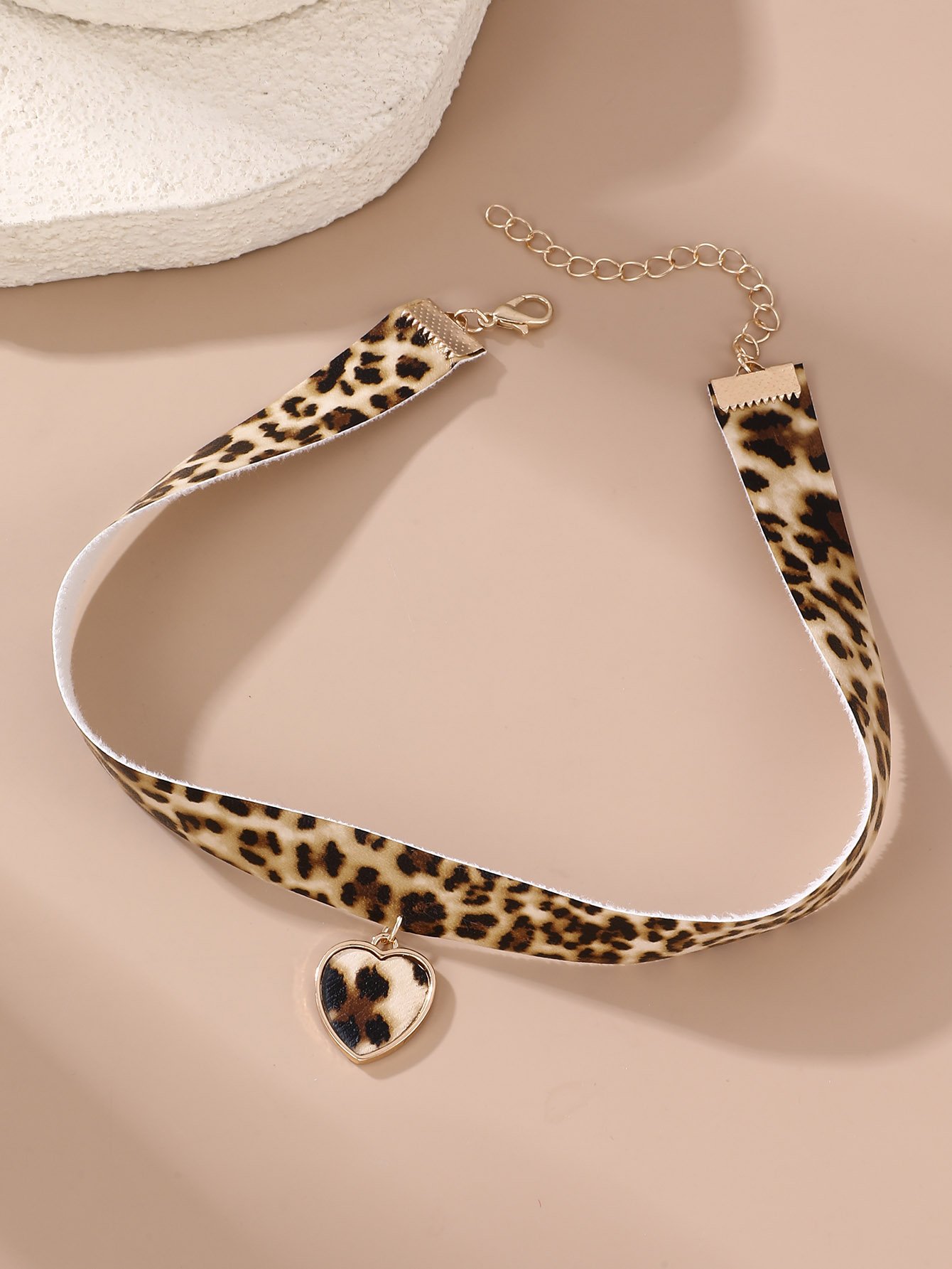 Leopard Print Heart Charm Choker Necklace
