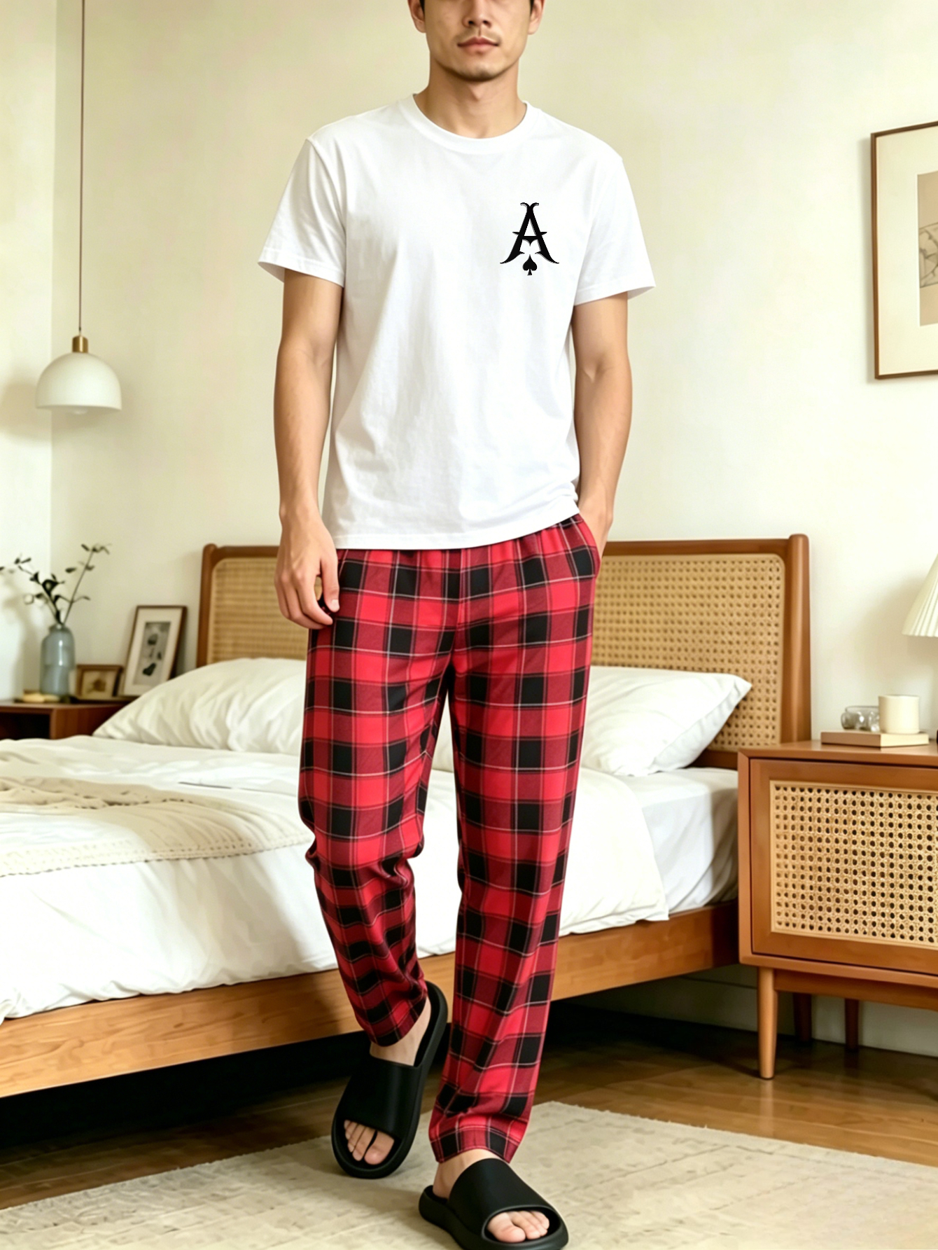 Men Printed T-Shirt and Checked Pyjama Set