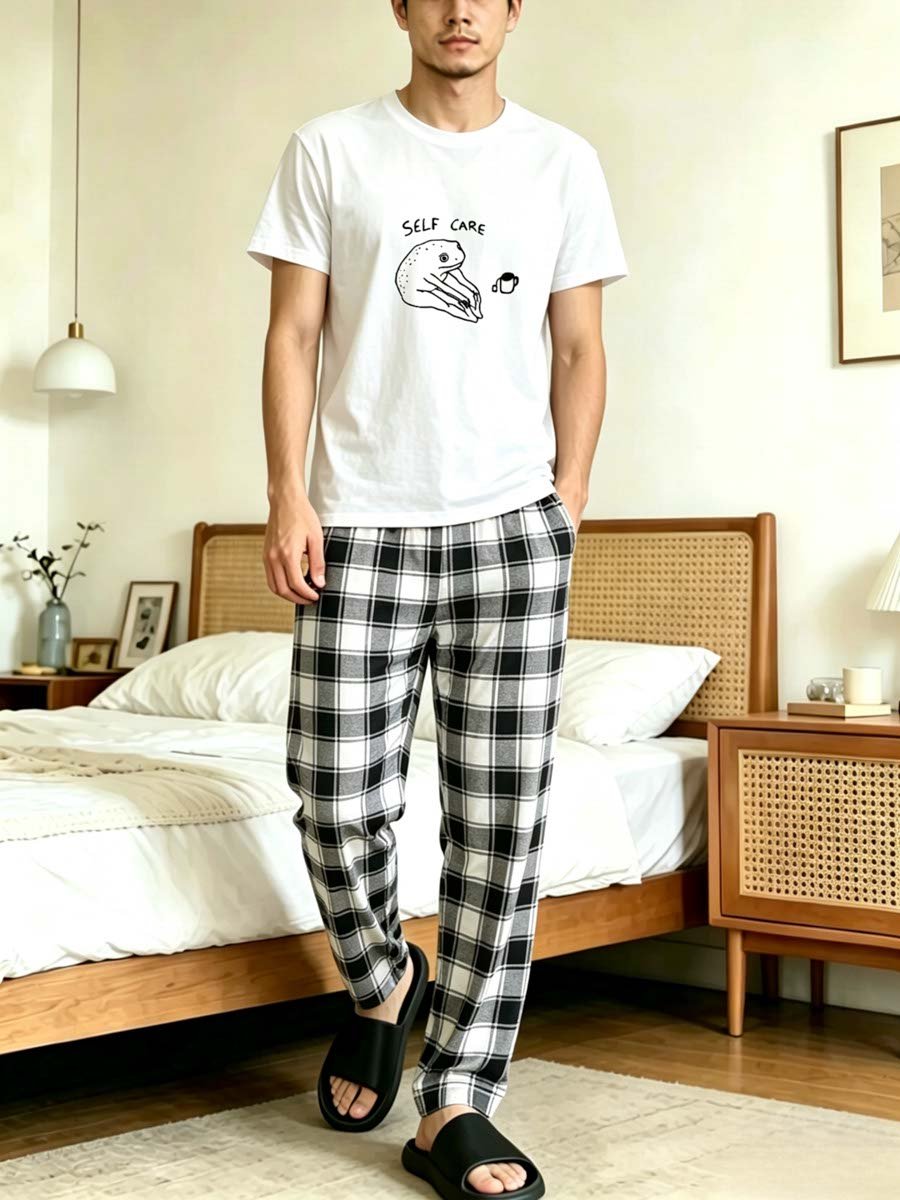 Men Printed T-Shirt and Checked Pyjama Set