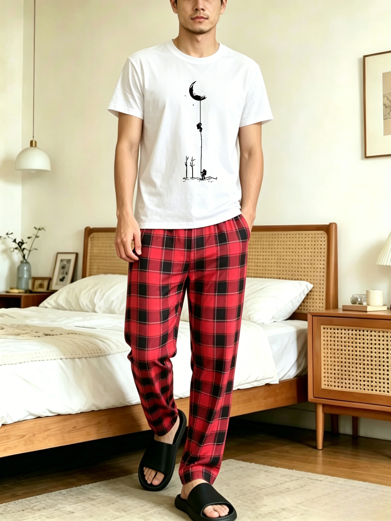 Men Printed T-Shirt and Checked Pyjama Set