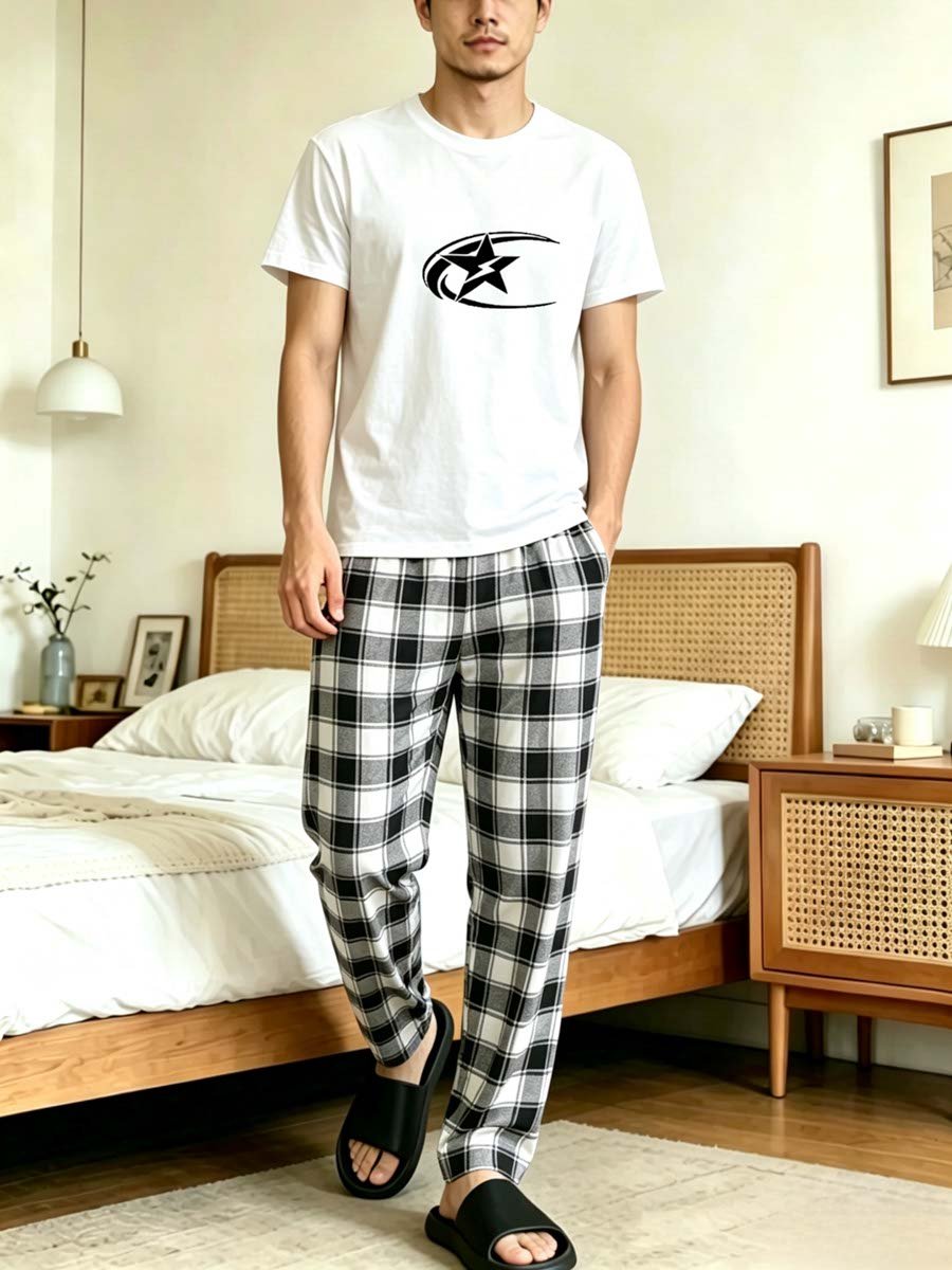 Men Printed T-Shirt and Checked Pyjama Set